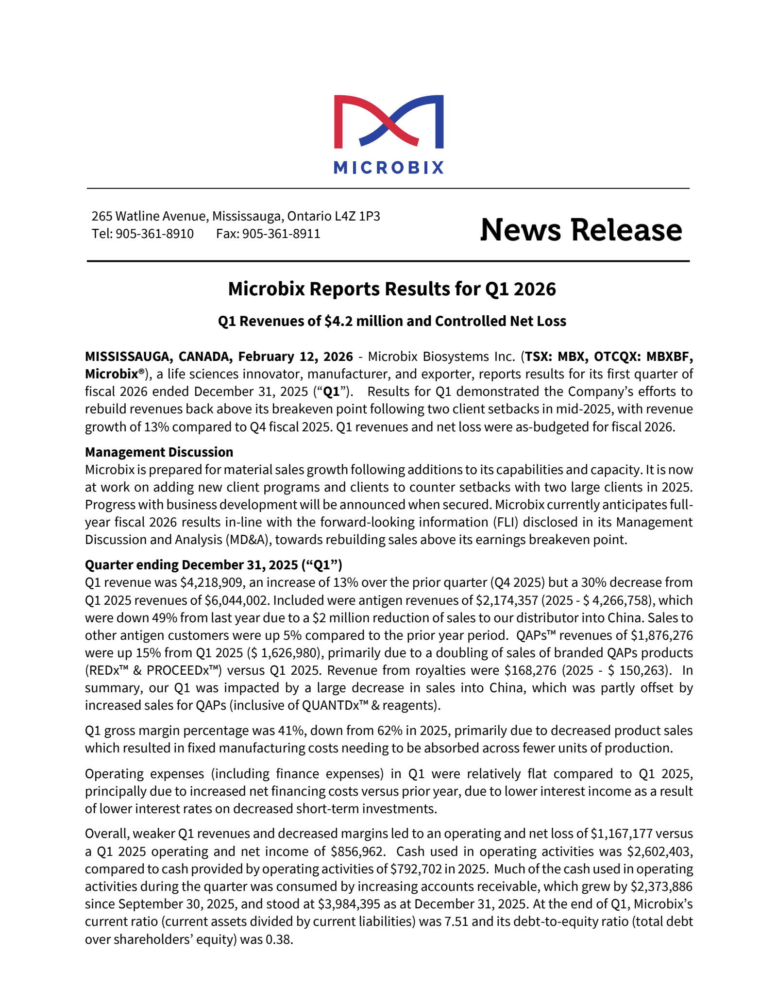 Microbix Biosystems' Q1 2026 Press Release