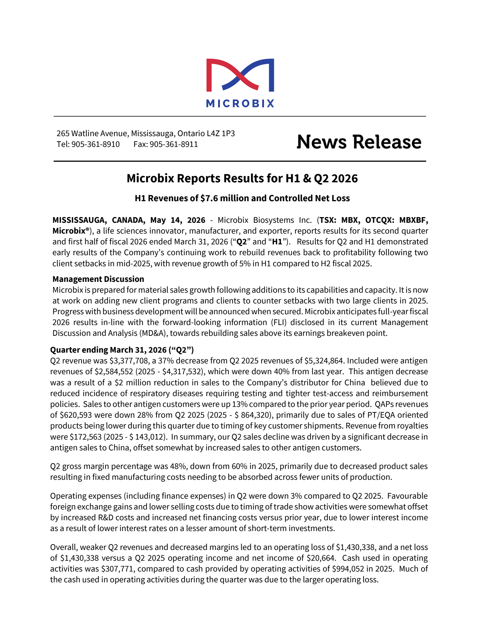 Microbix Biosystems' Q2 2026 Press Release