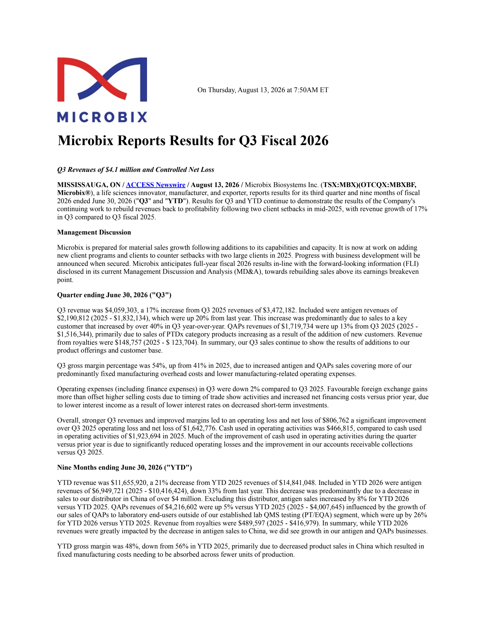 Microbix Biosystems' Q3 2026 Press Release