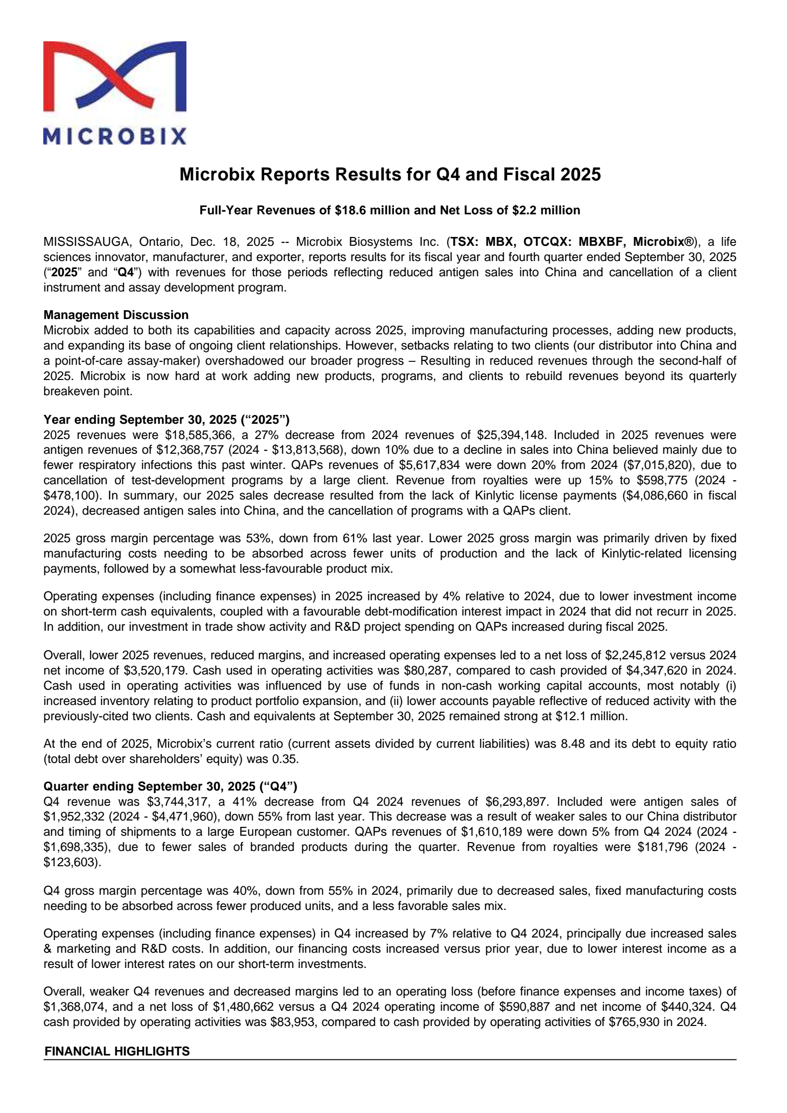 Microbix Biosystems' Q4 2025 Earnings Release