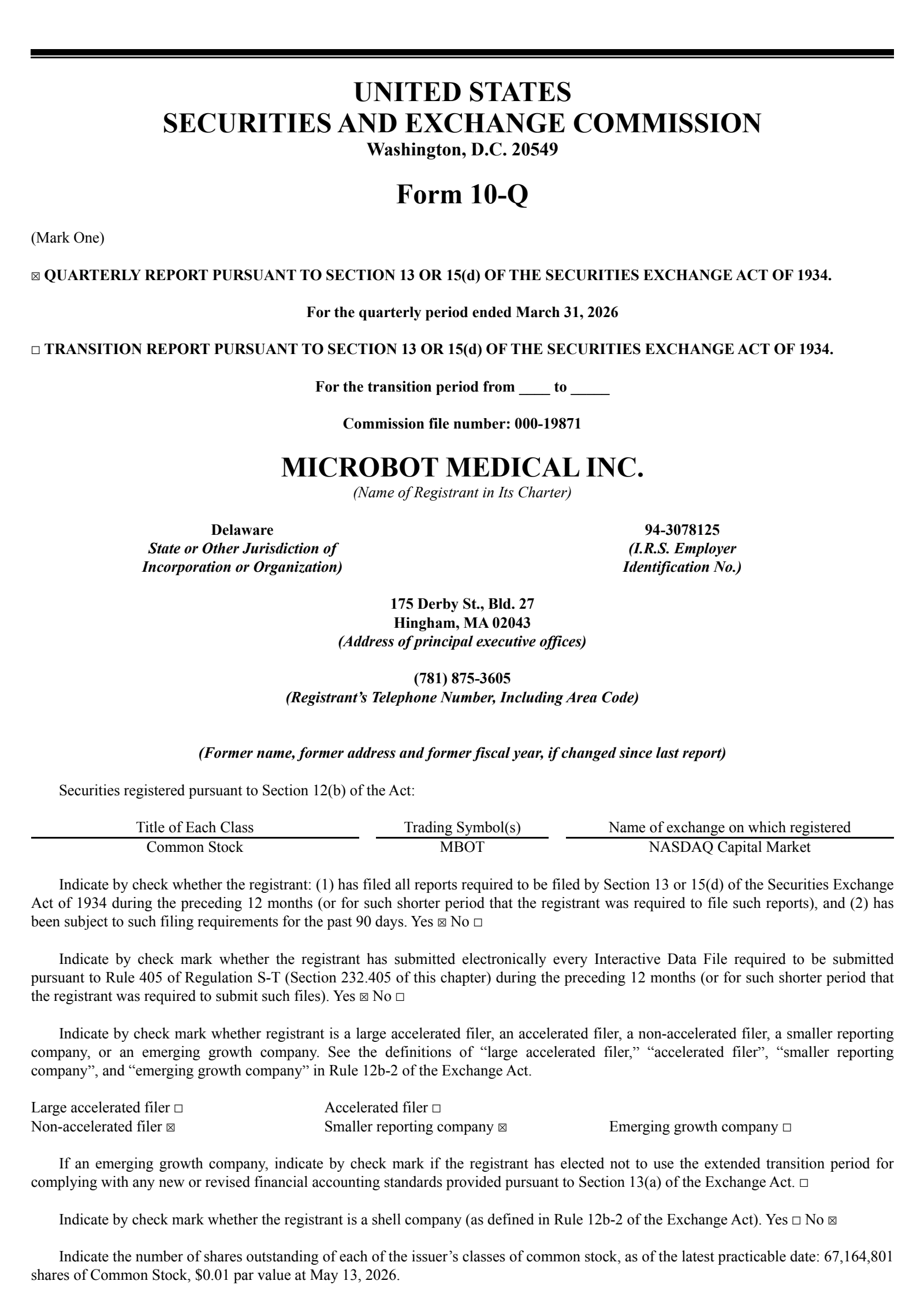 Microbot Medical's Q1 2026 Quarterly report