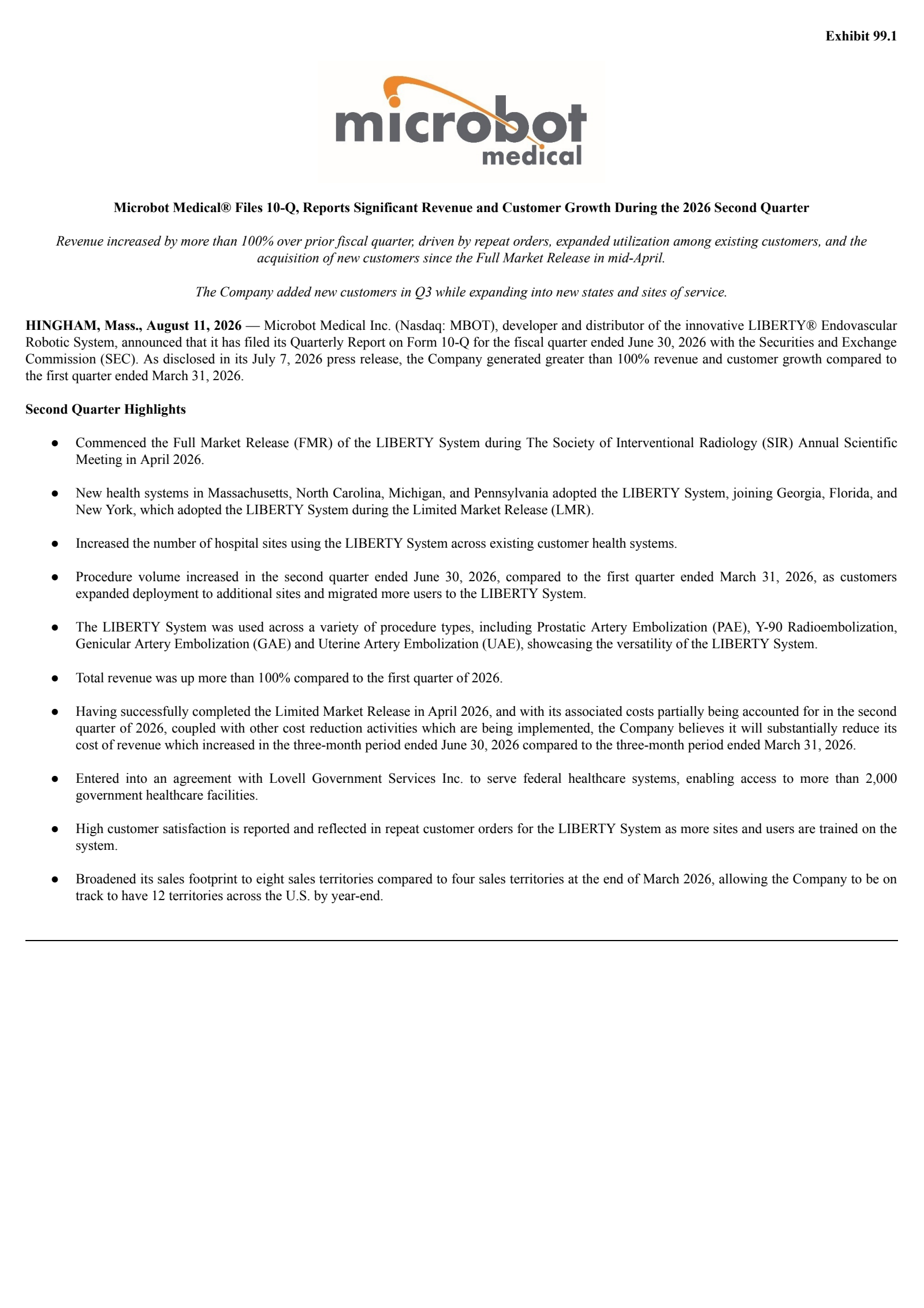 Microbot Medical's Q2 2026 Press Release