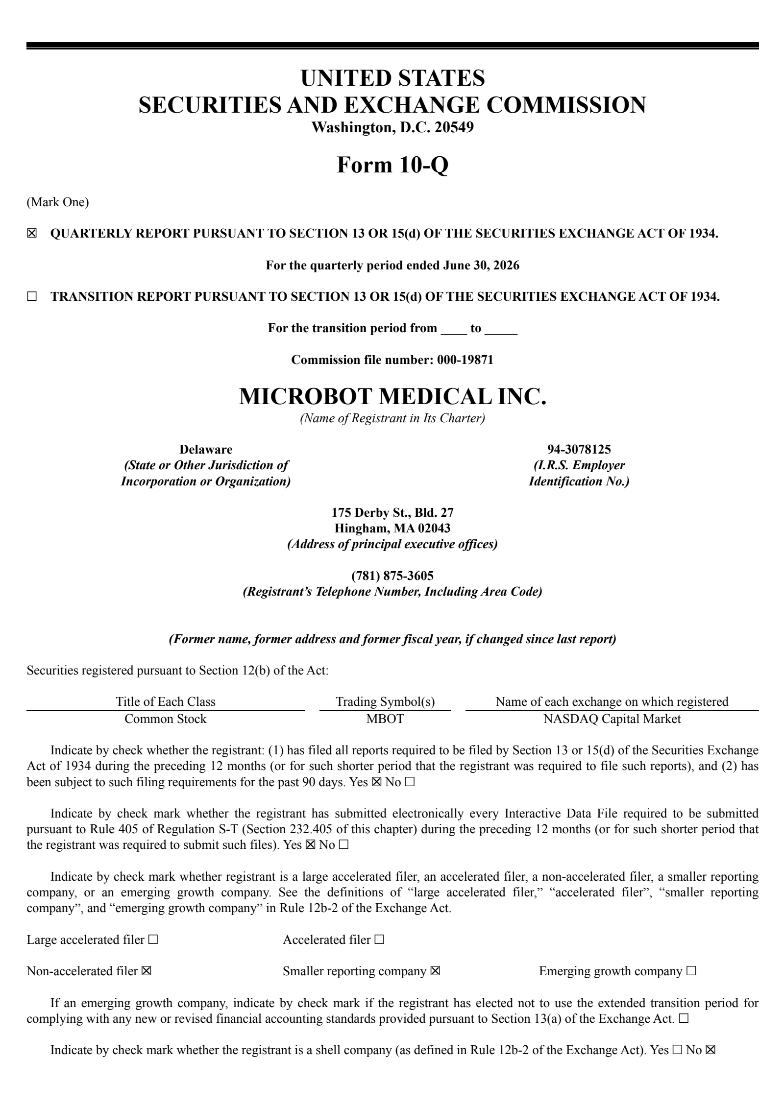 Microbot Medical's Q2 2026 Quarterly report