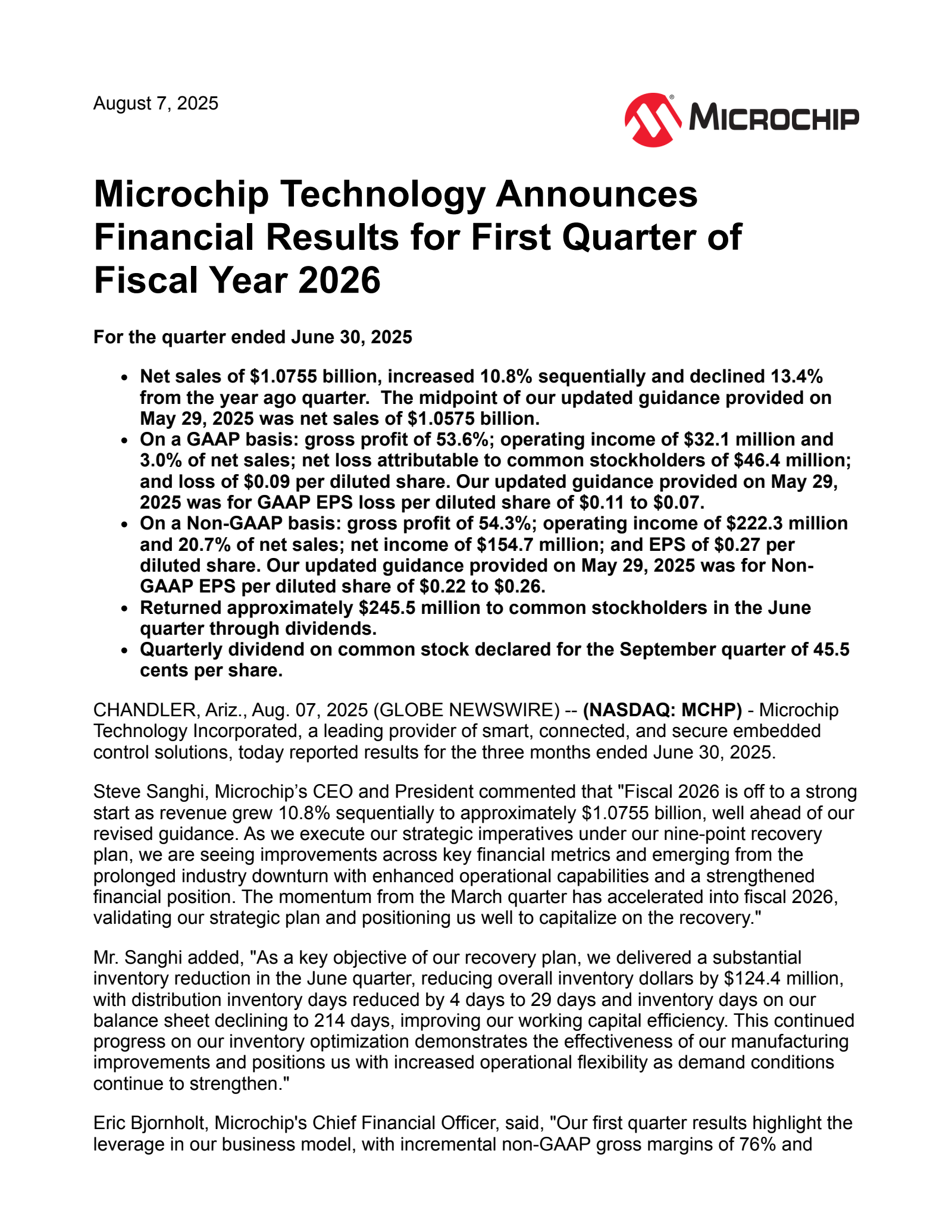 Microchip Technology's Q1 2026 Press Release