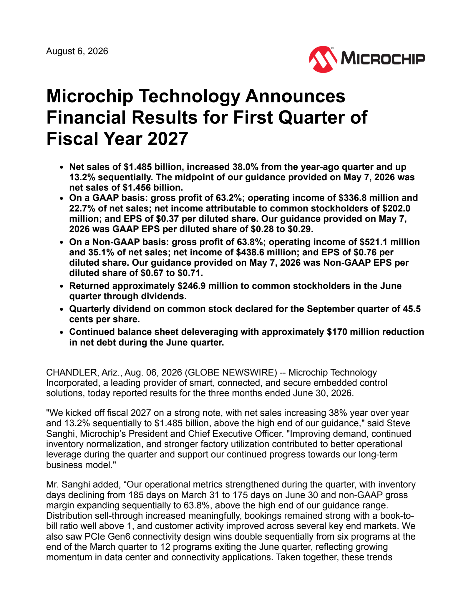 Microchip Technology's Q1 2027 Press Release