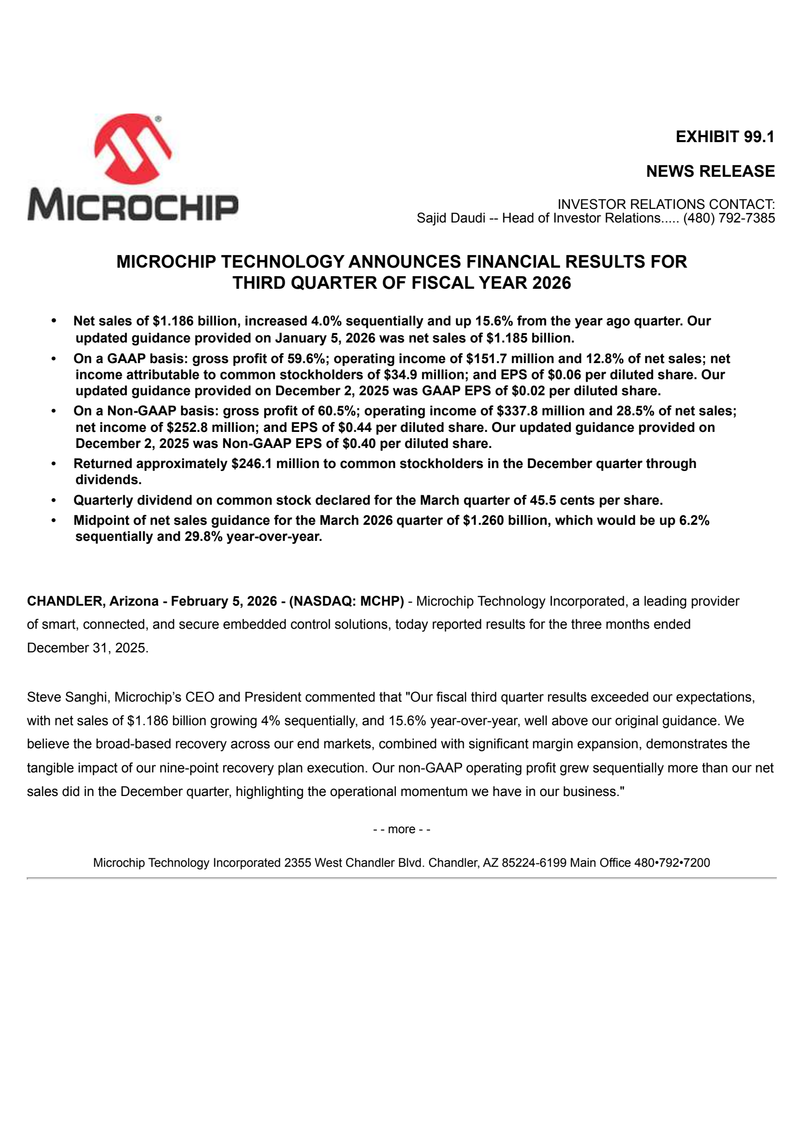 Microchip Technology's Q3 2026 Press Release