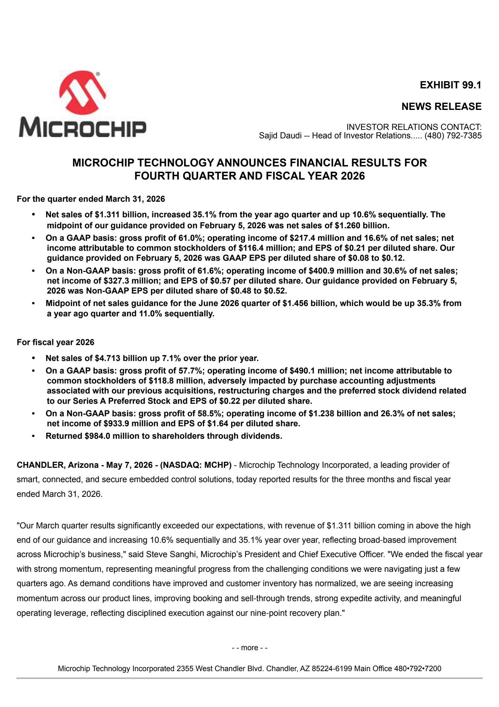 Microchip Technology's Q4 2026 Press Release