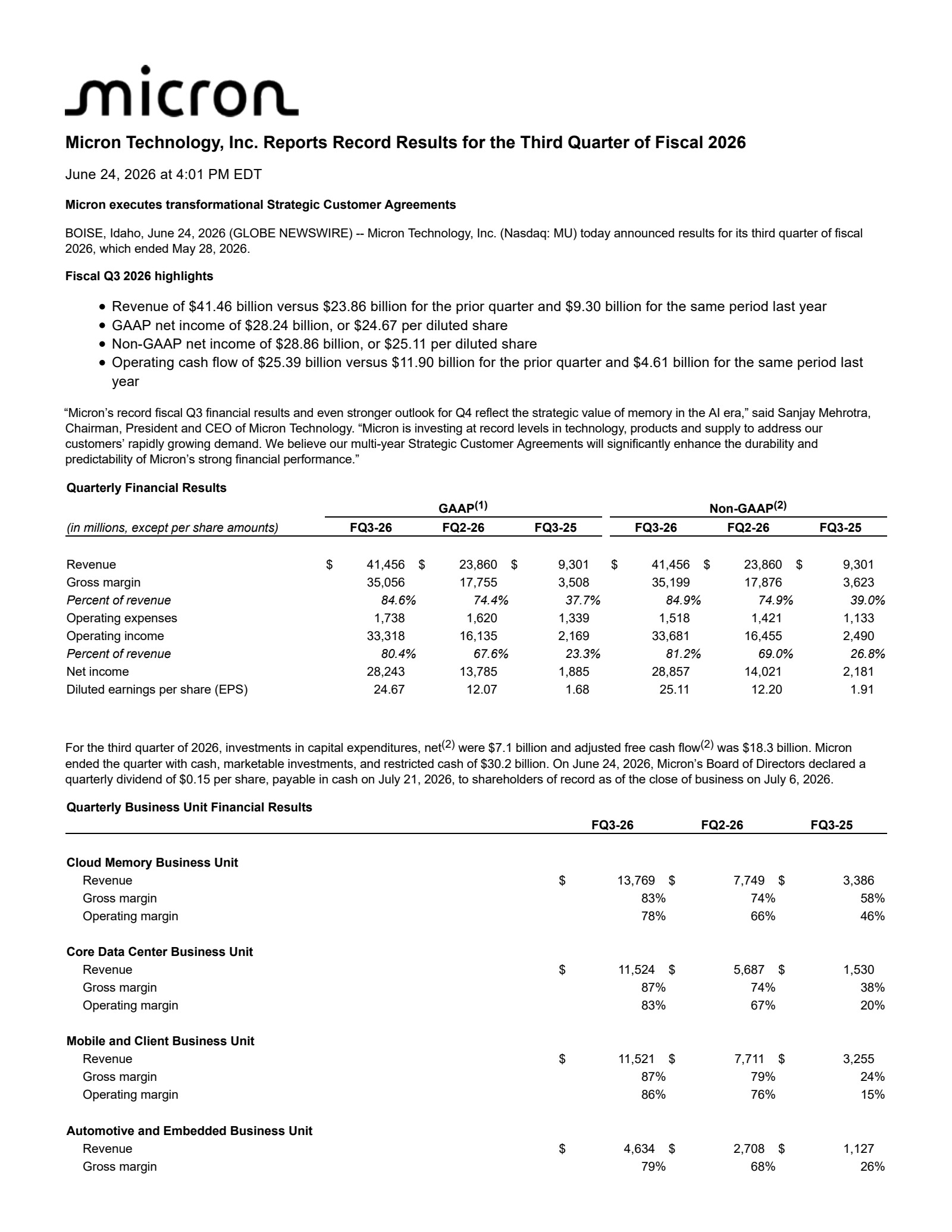 Micron Technology's Q3 2026 Press Release