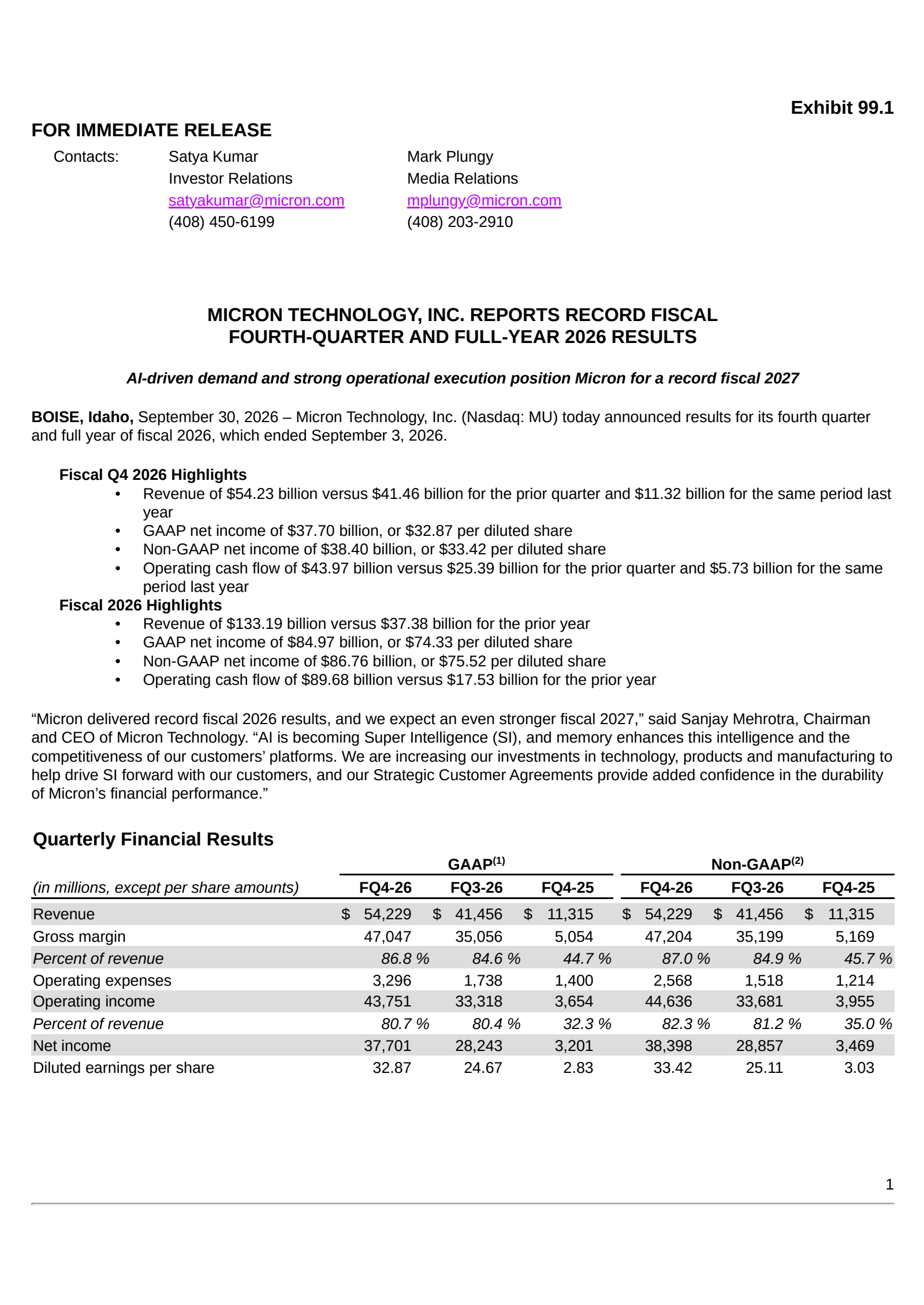 Micron Technology's Q4 2026 Press Release