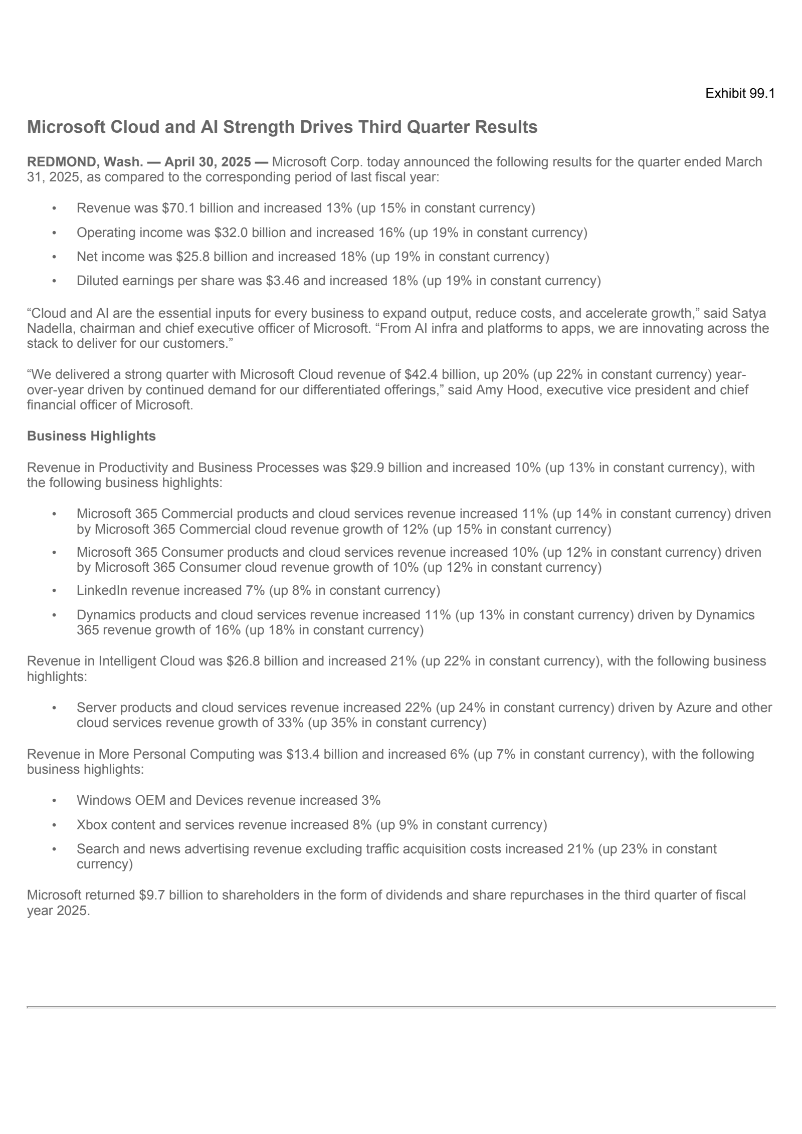 MSFT Q3 2025 Earnings Report on 4/30/2025