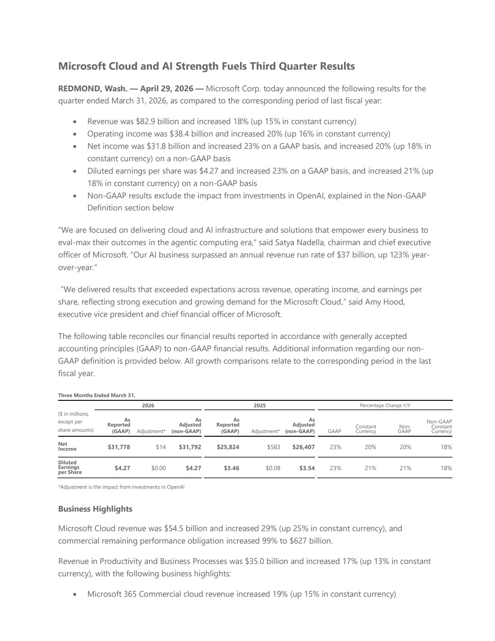 Microsoft's Q3 2026 Press Release