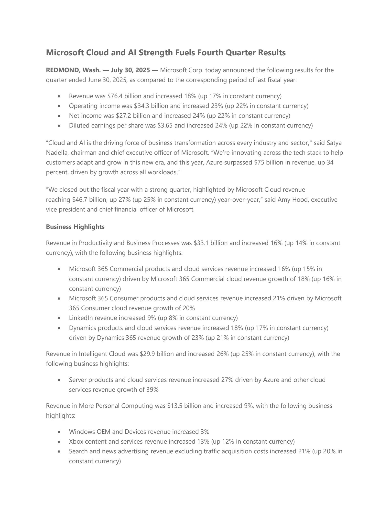 Microsoft's Q4 2025 Press Release