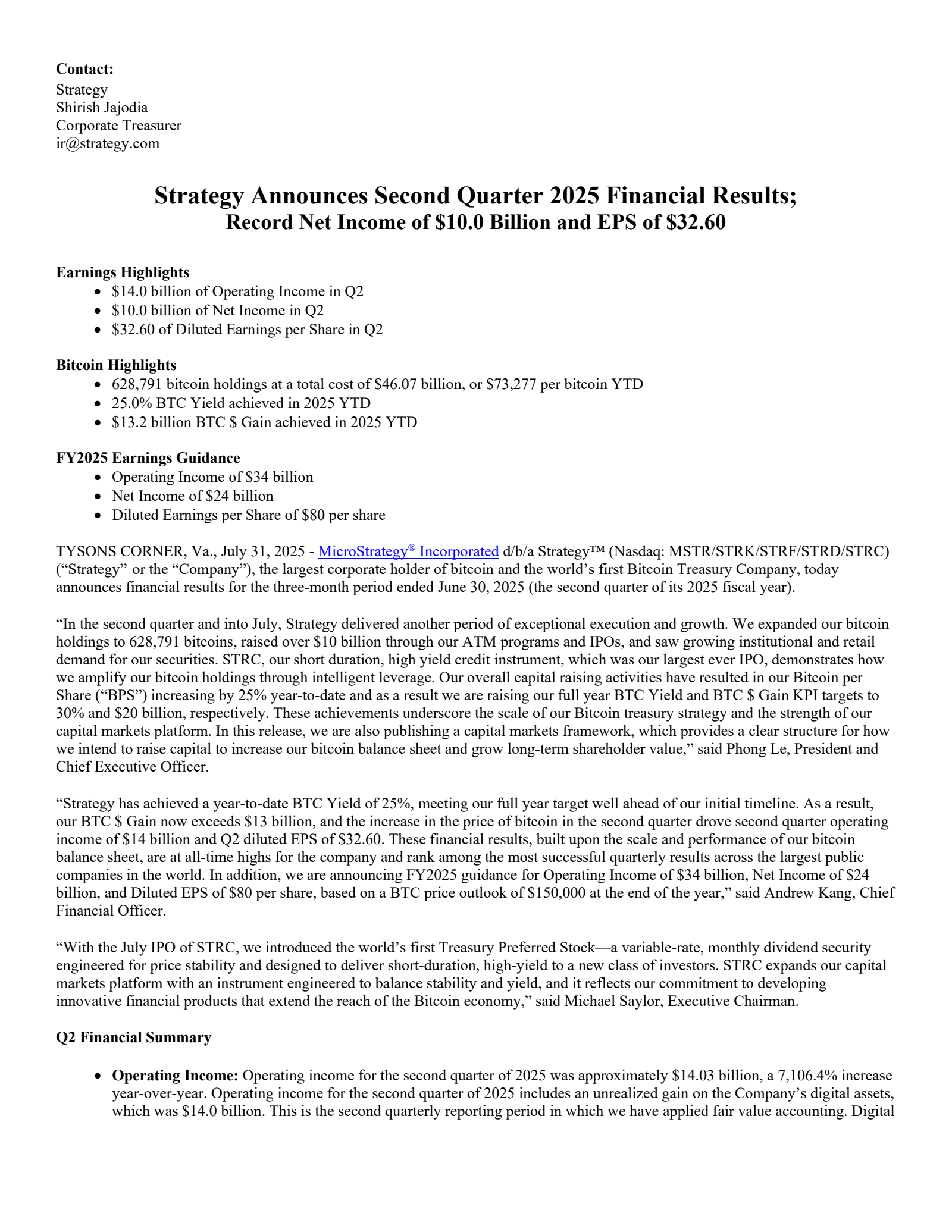 MicroStrategy's Q2 2025 Press Release