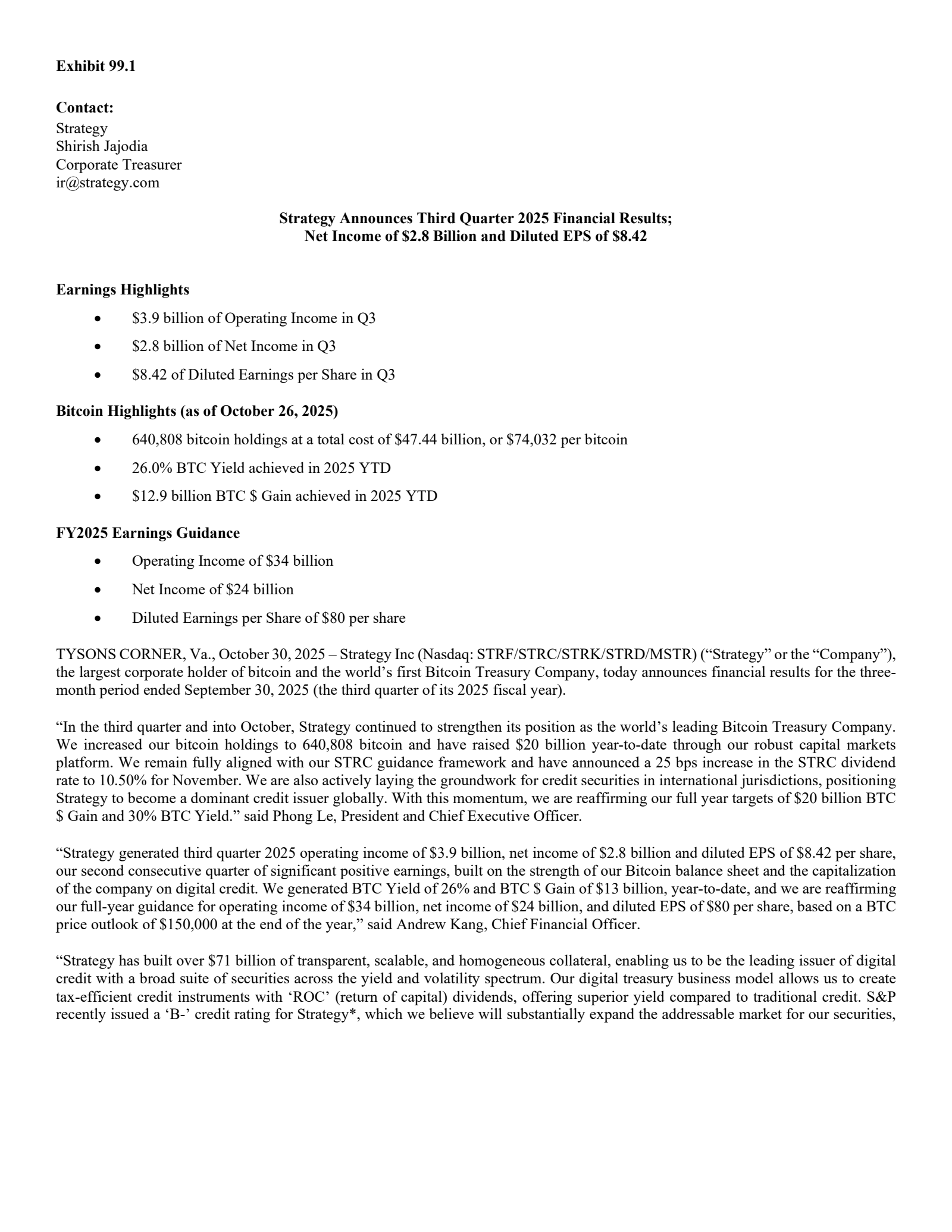 Strategy's Q3 2025 Earnings Release