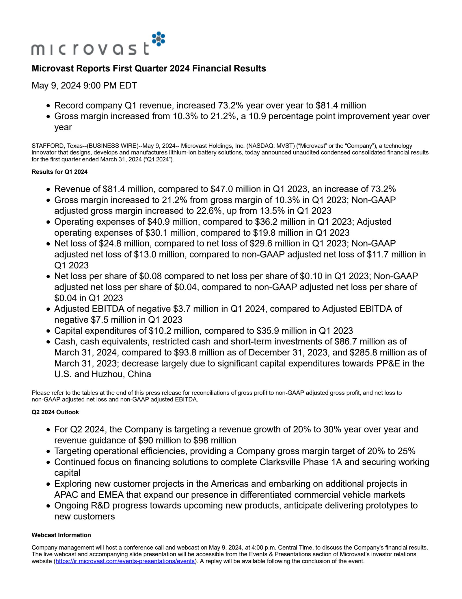 Microvast's Q1 2024 Press Release