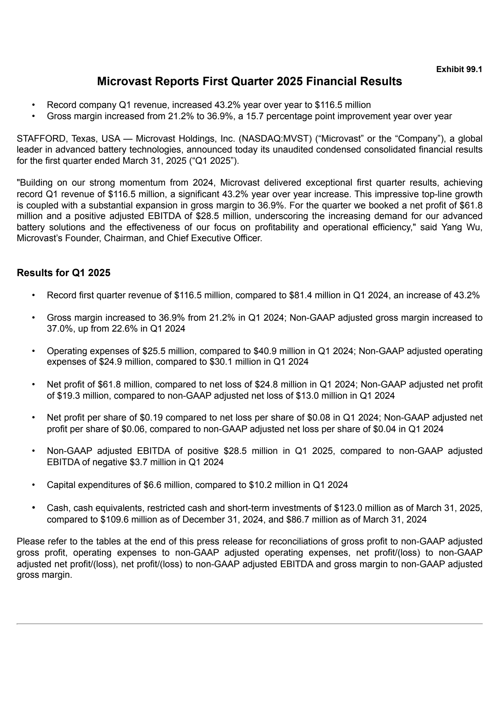 Microvast's Q1 2025 Press Release