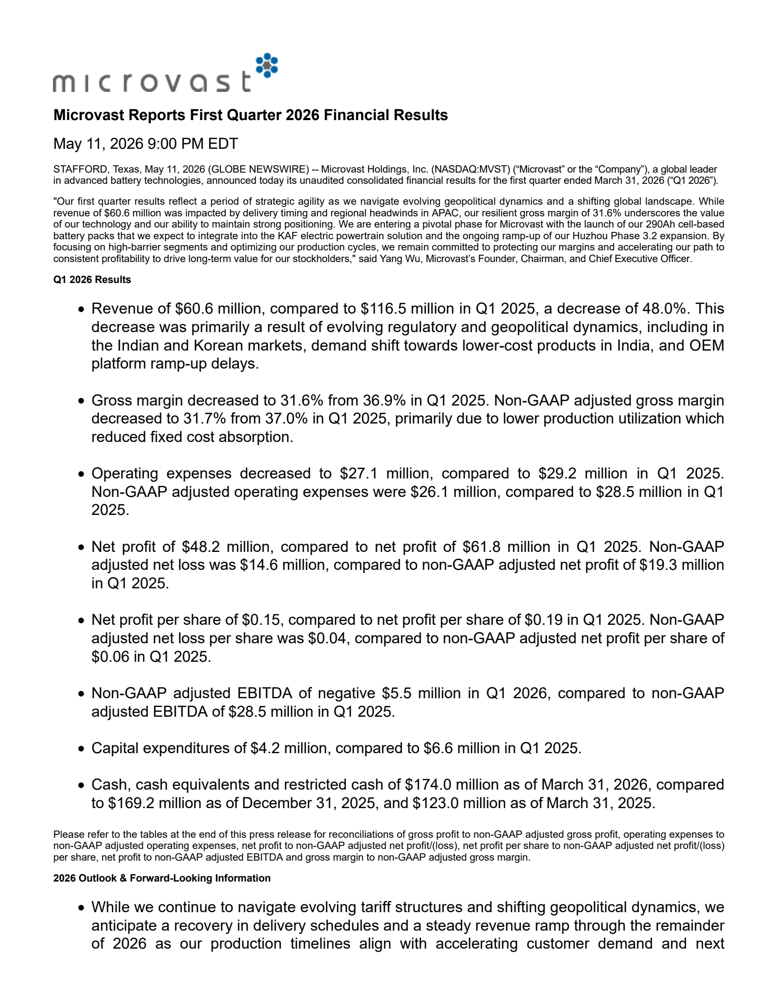 Microvast's Q1 2026 Press Release