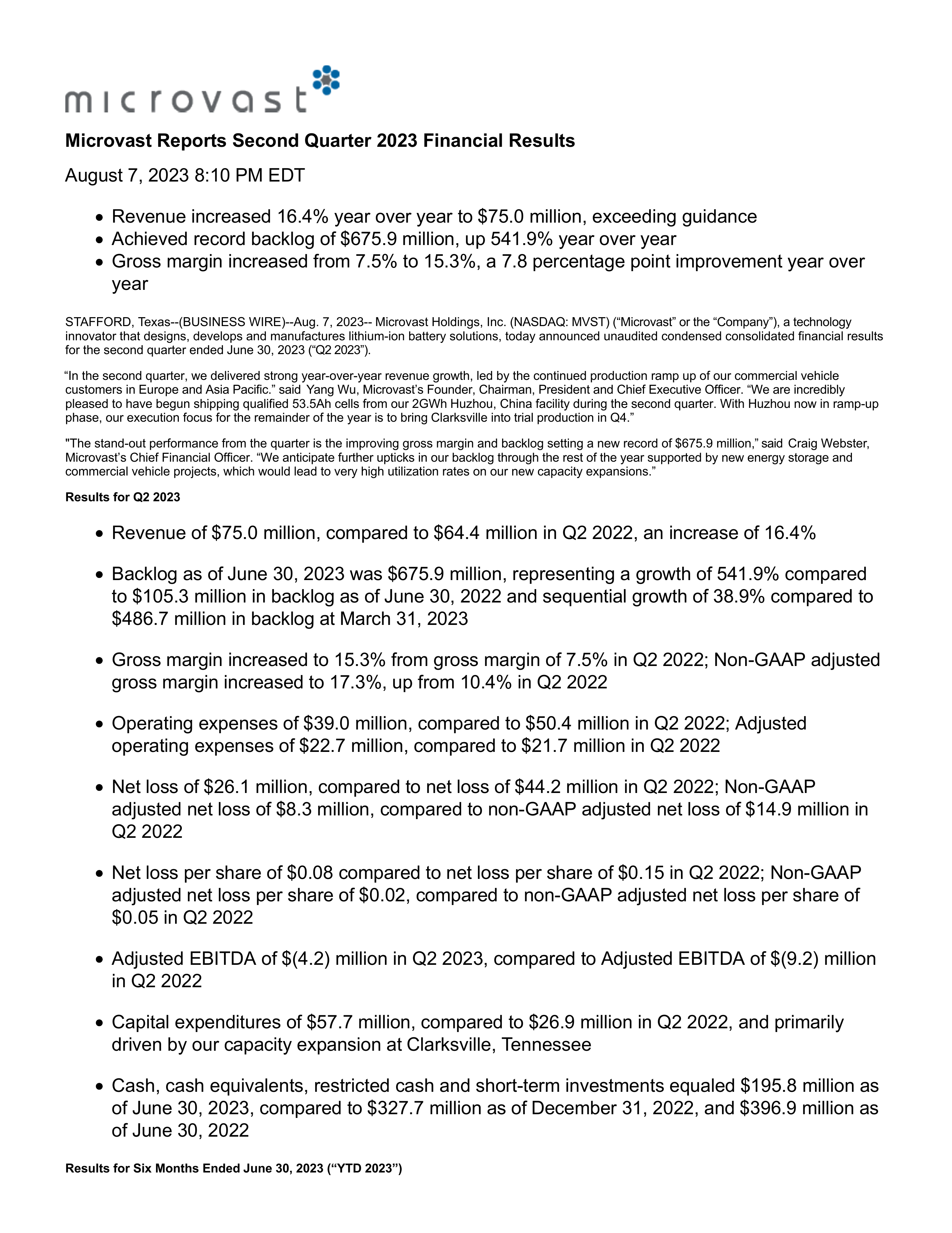 Microvast's Q2 2023 Press Release