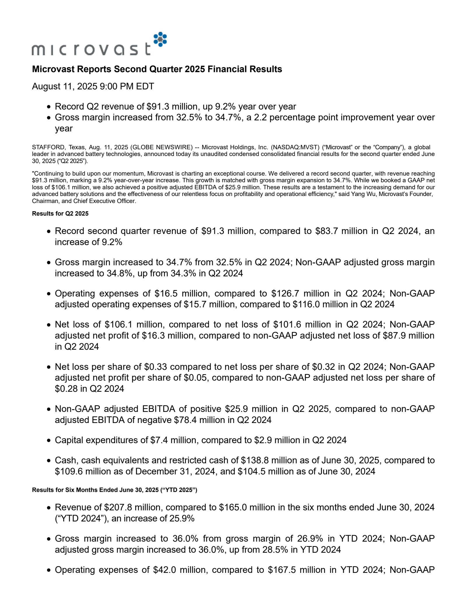 Microvast's Q2 2025 Press Release