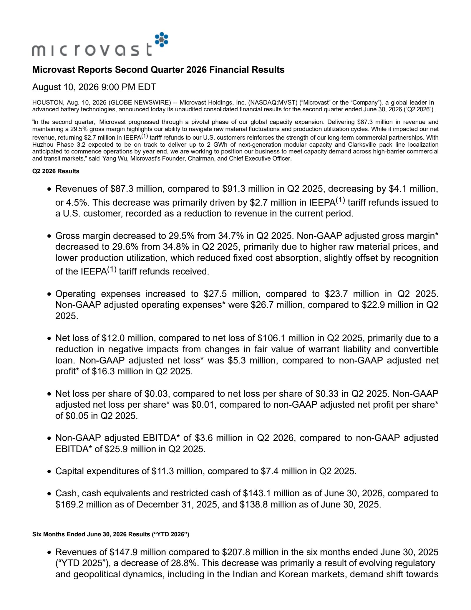 Microvast's Q2 2026 Press Release