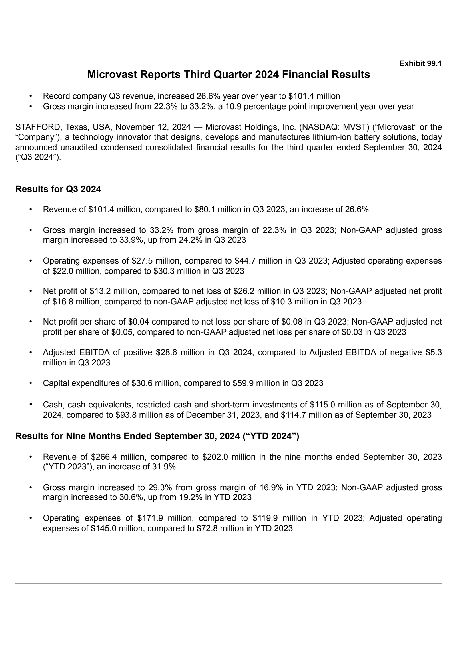 Microvast's Q3 2024 Press Release