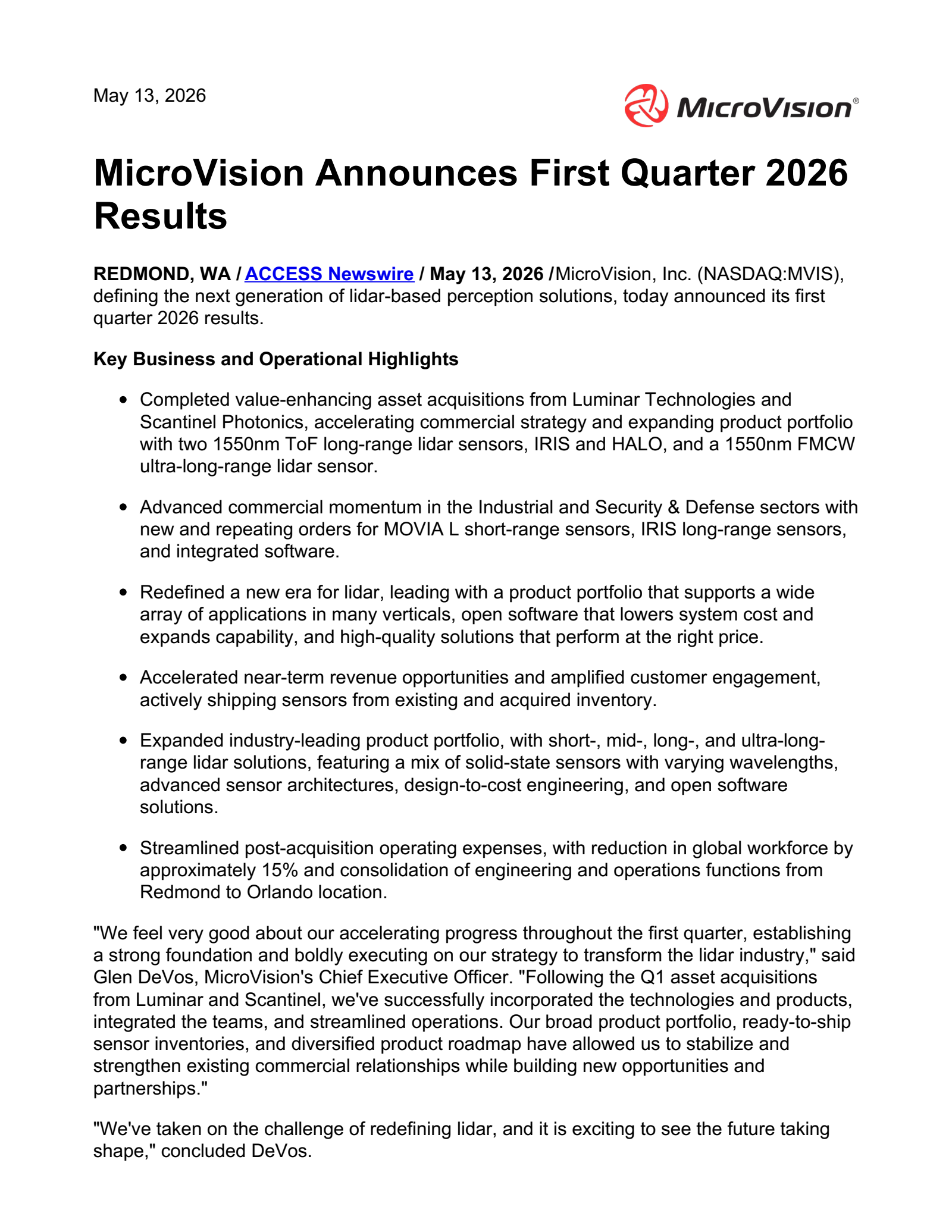 Microvision's Q1 2026 Press Release