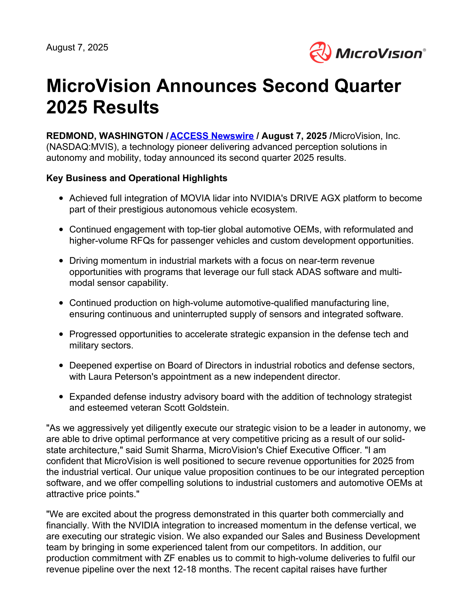 Microvision's Q2 2025 Press Release