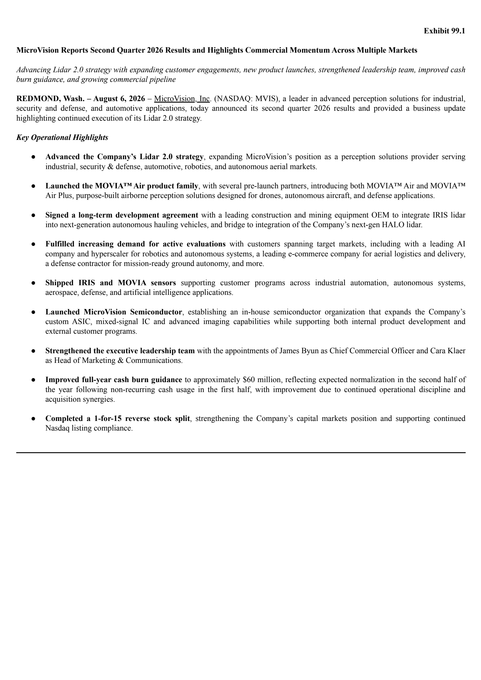 Microvision's Q2 2026 Press Release