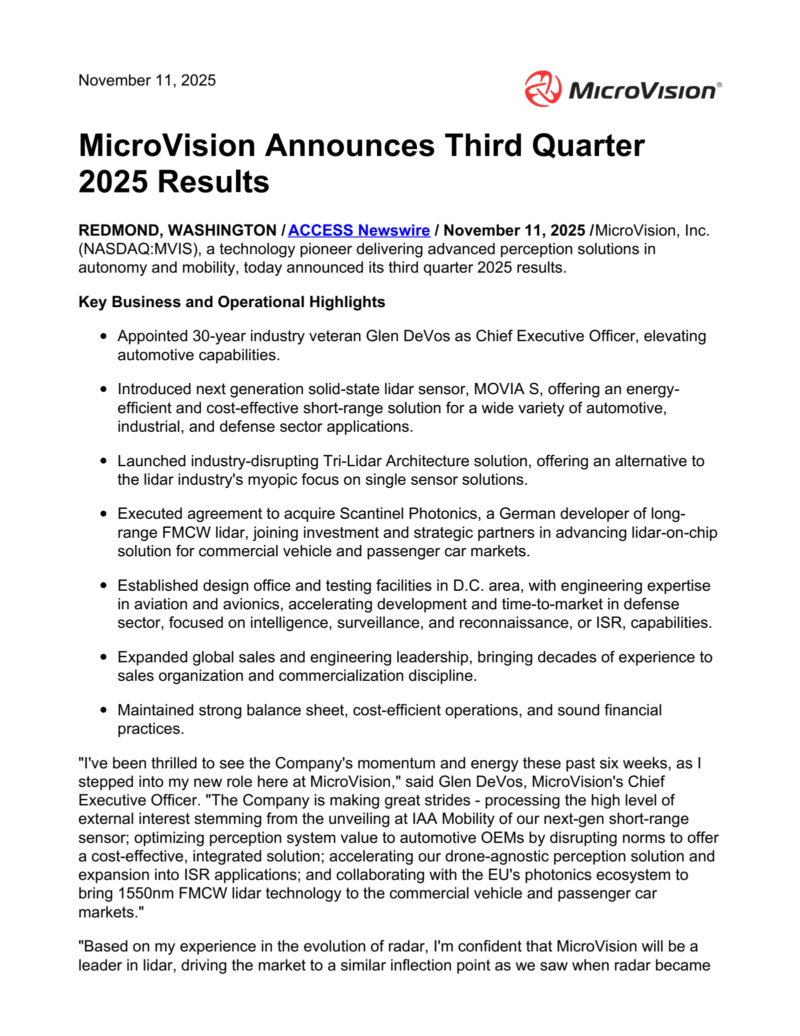 Microvision's Q3 2025 Earnings Release