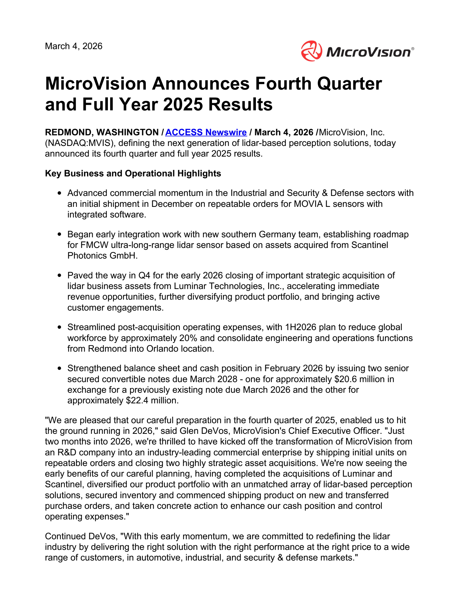 Microvision's Q4 2025 Press Release