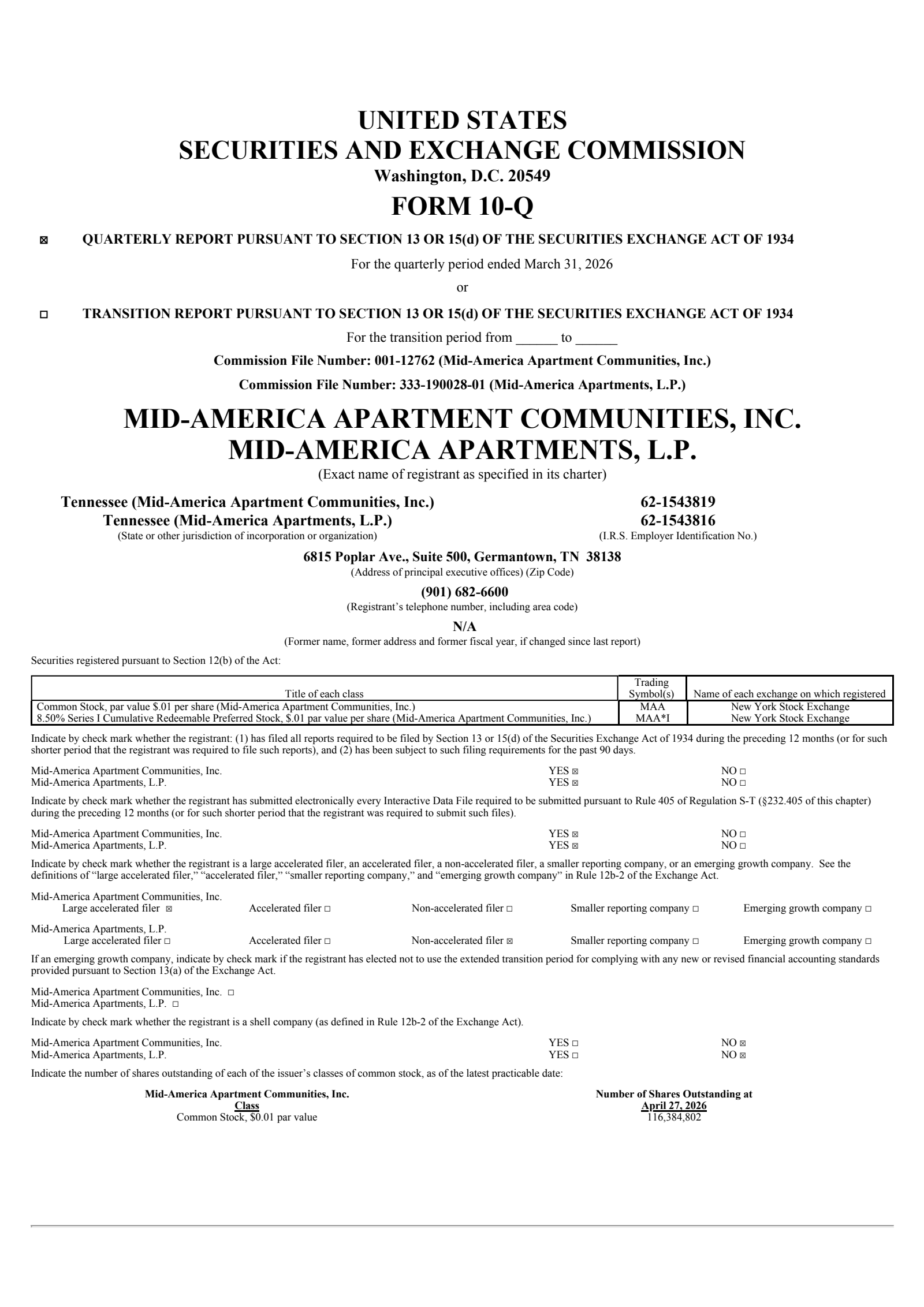 Mid-America Apartment Communities' Q1 2026 Quarterly report