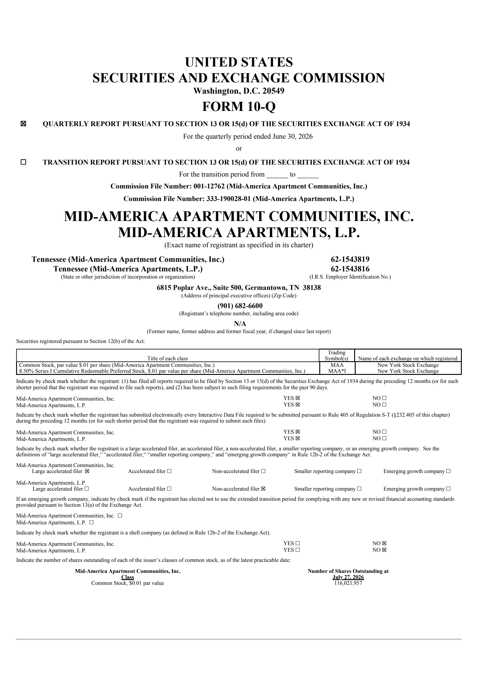 Mid-America Apartment Communities' Q2 2026 Quarterly report