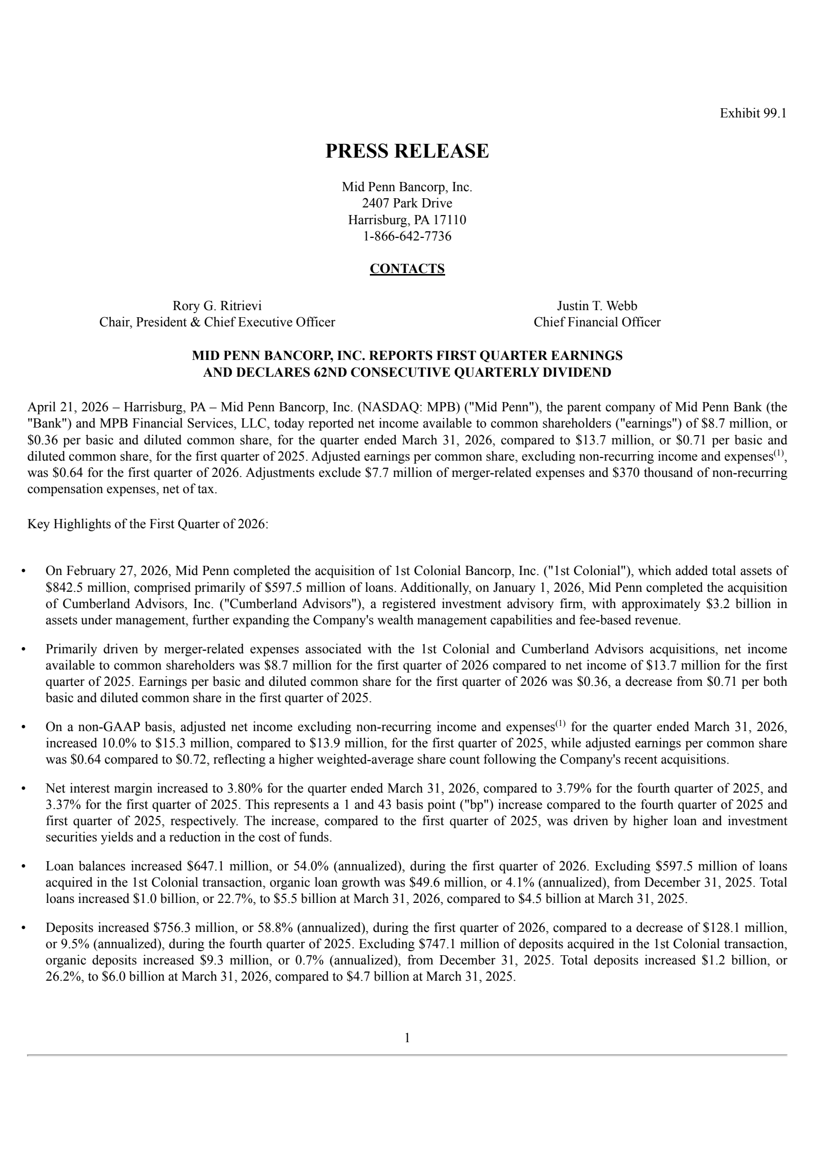 Mid Penn Bancorp's Q1 2026 Press Release