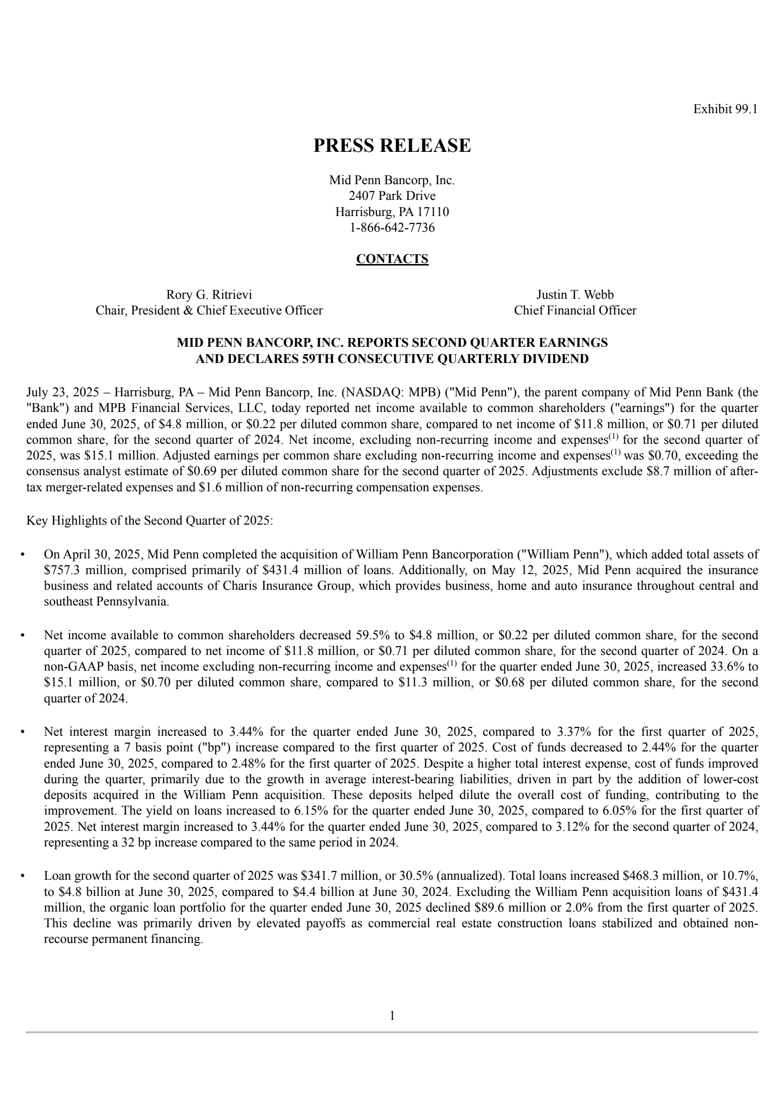 Mid Penn Bancorp's Q2 2025 Press Release