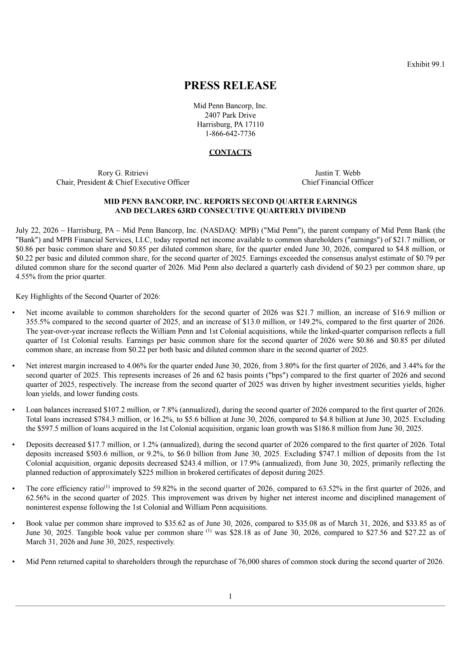 Mid Penn Bancorp's Q2 2026 Press Release
