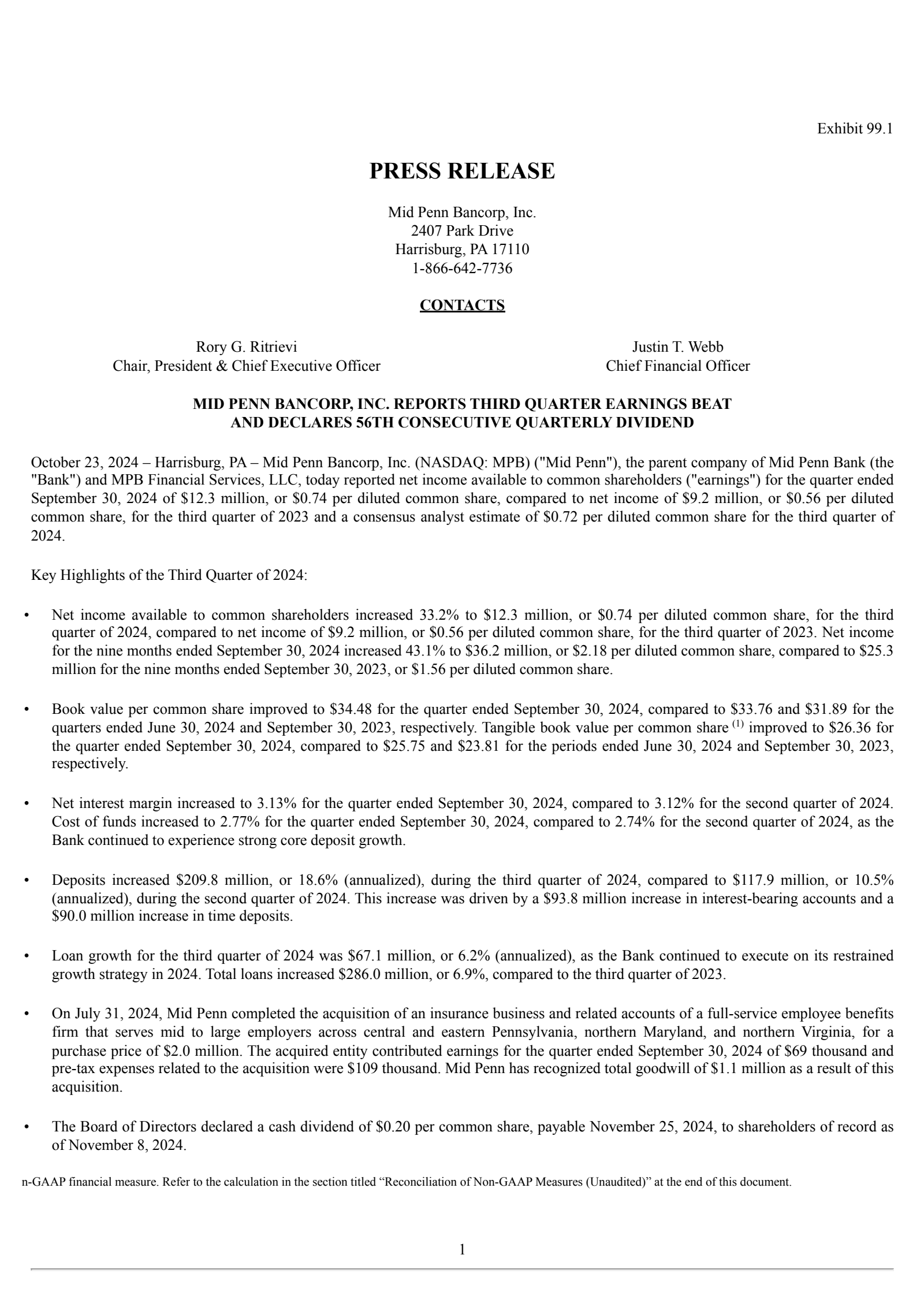 Mid Penn Bancorp's Q3 2024 Press Release