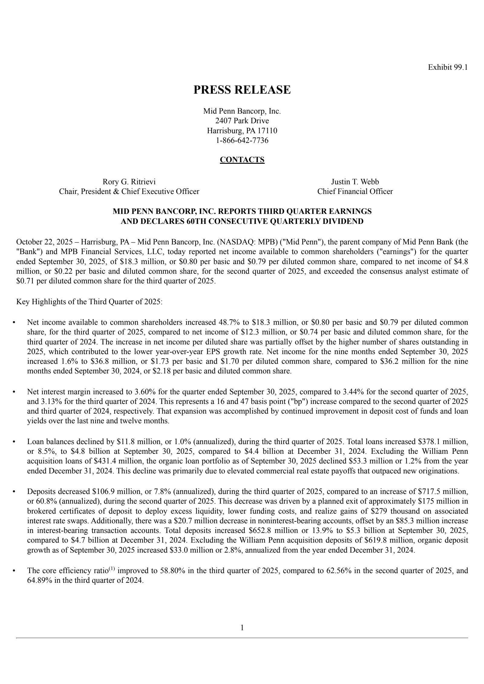 Mid Penn Bancorp's Q3 2025 Earnings Release