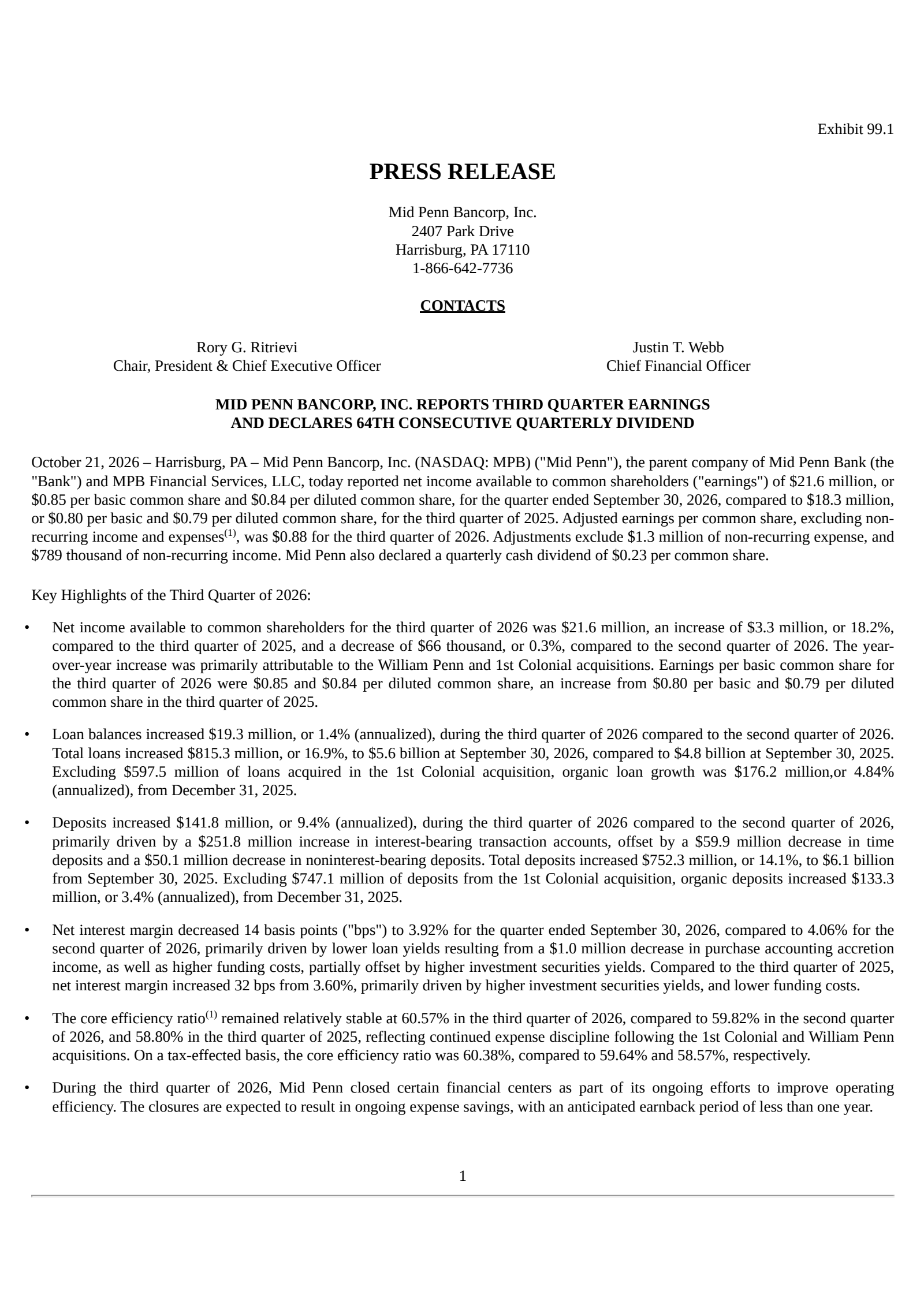 Mid Penn Bancorp's Q3 2026 Press Release