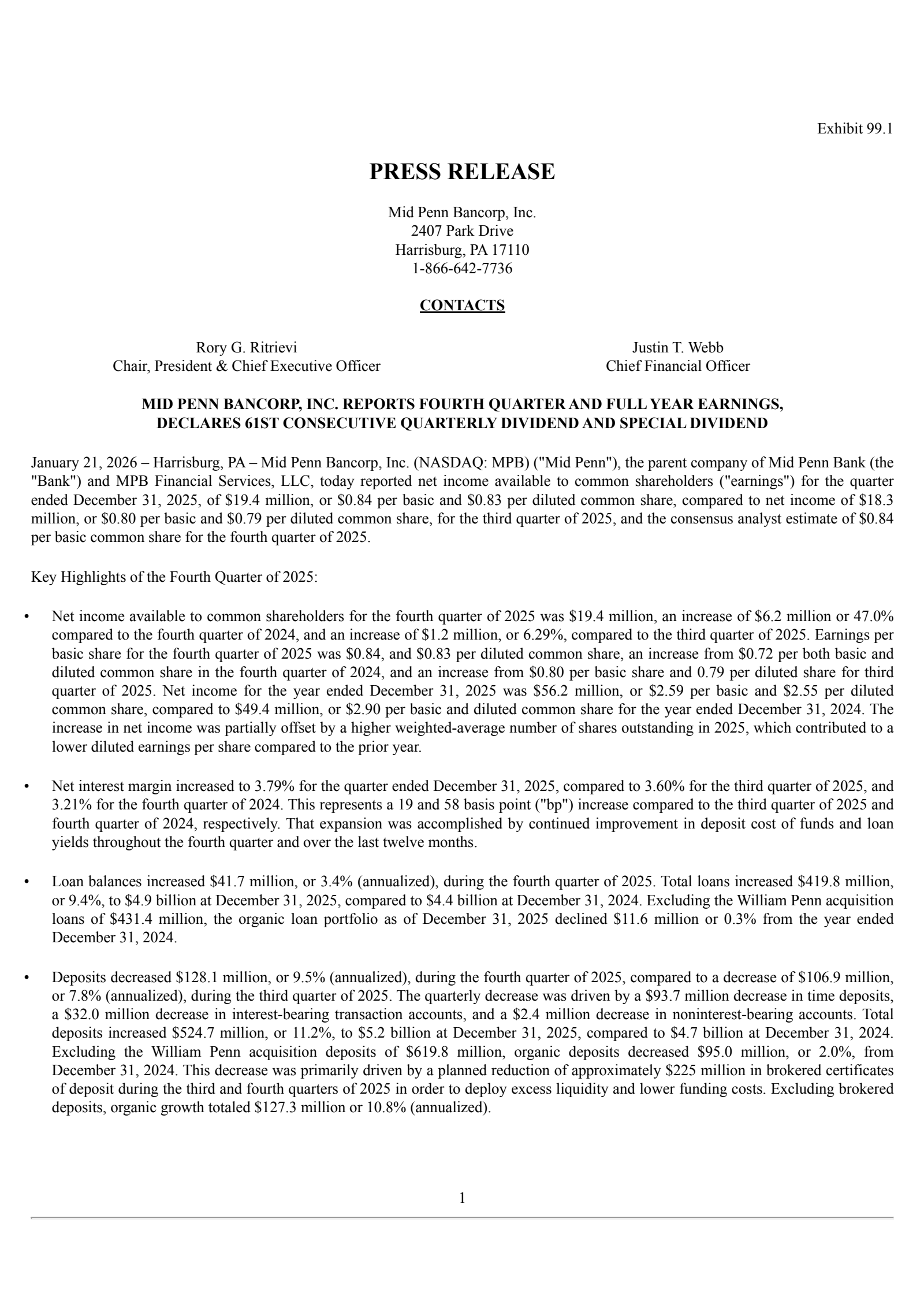 Mid Penn Bancorp's Q4 2025 Press Release