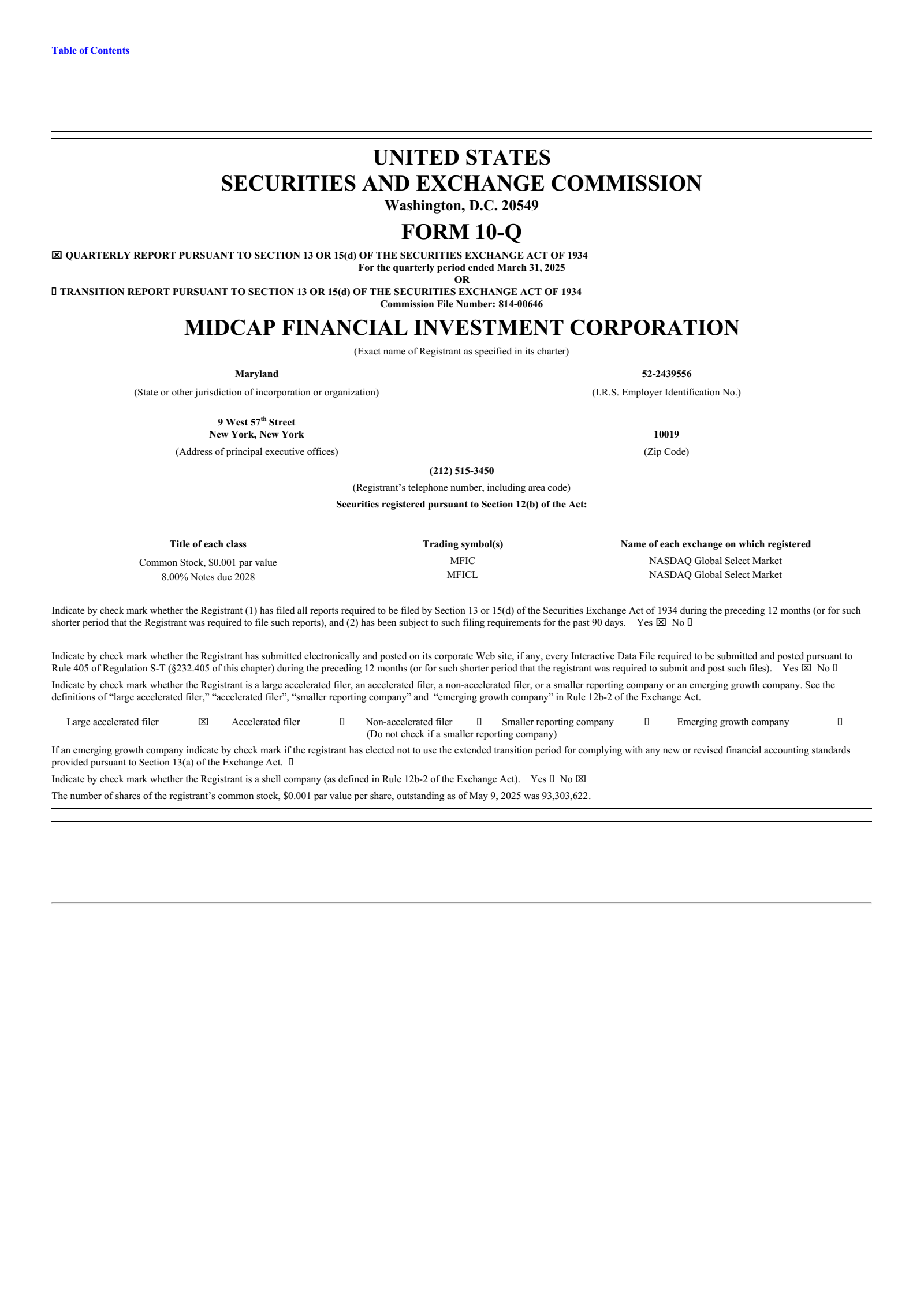 MidCap Financial Investment's Q1 2025 Quarterly Report