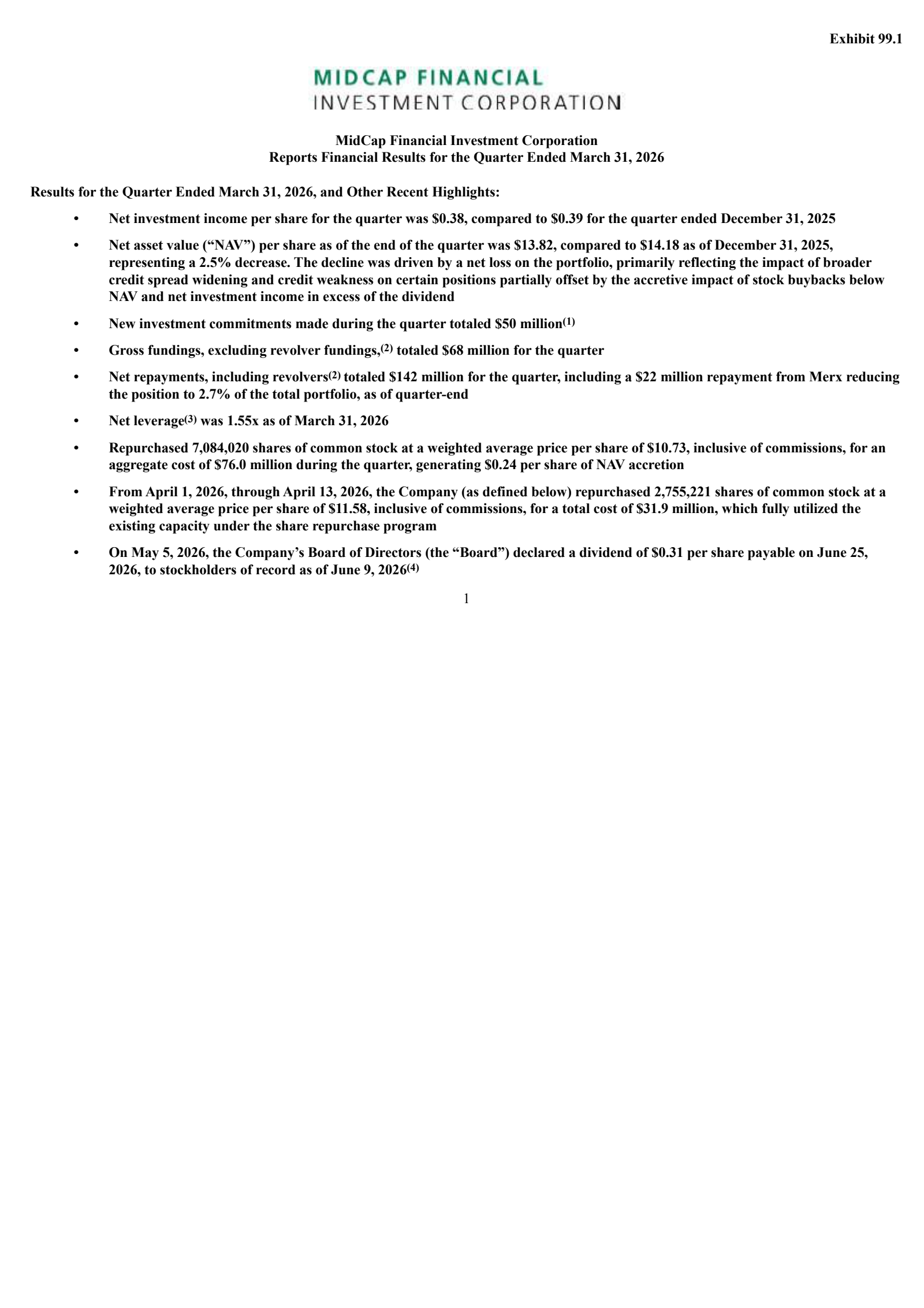 MidCap Financial Investment's Q1 2026 Press Release