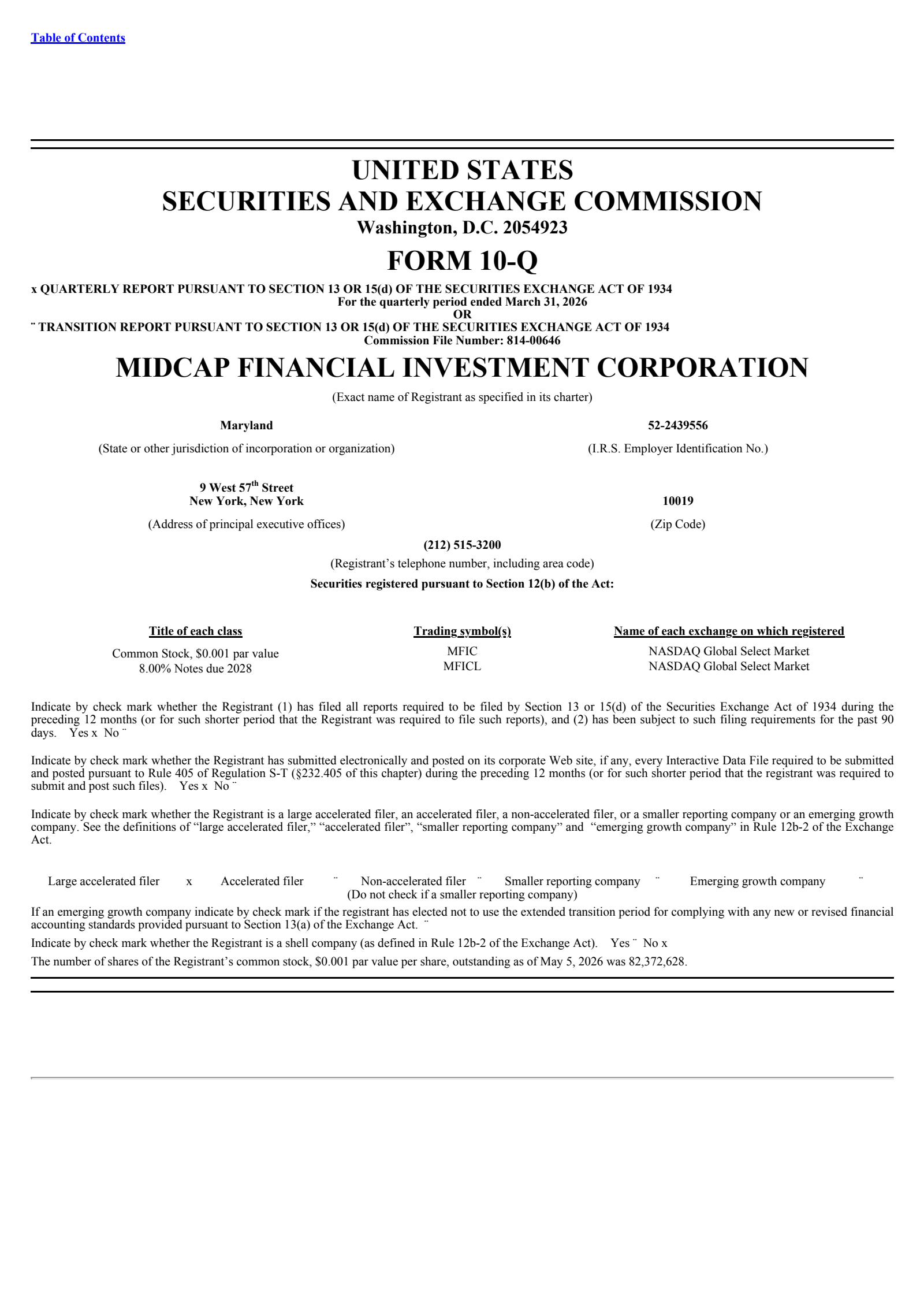 MidCap Financial Investment's Q1 2026 Quarterly report