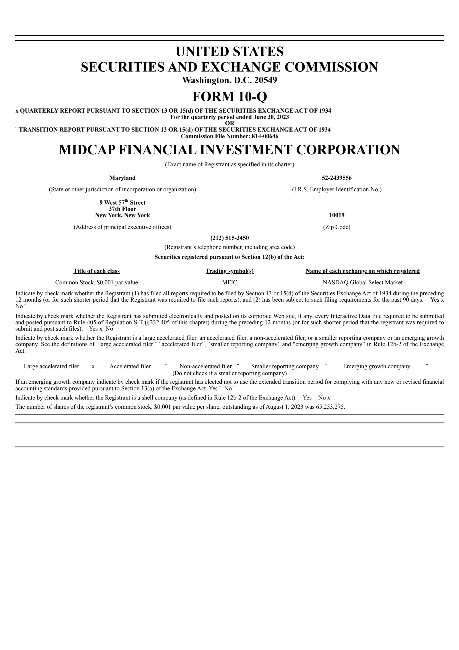 MidCap Financial Investment's Q2 2023 Quarterly report