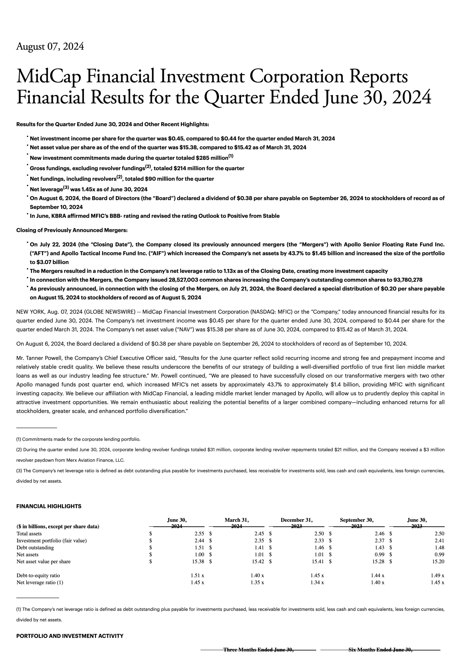 MidCap Financial Investment's Q2 2024 Press Release