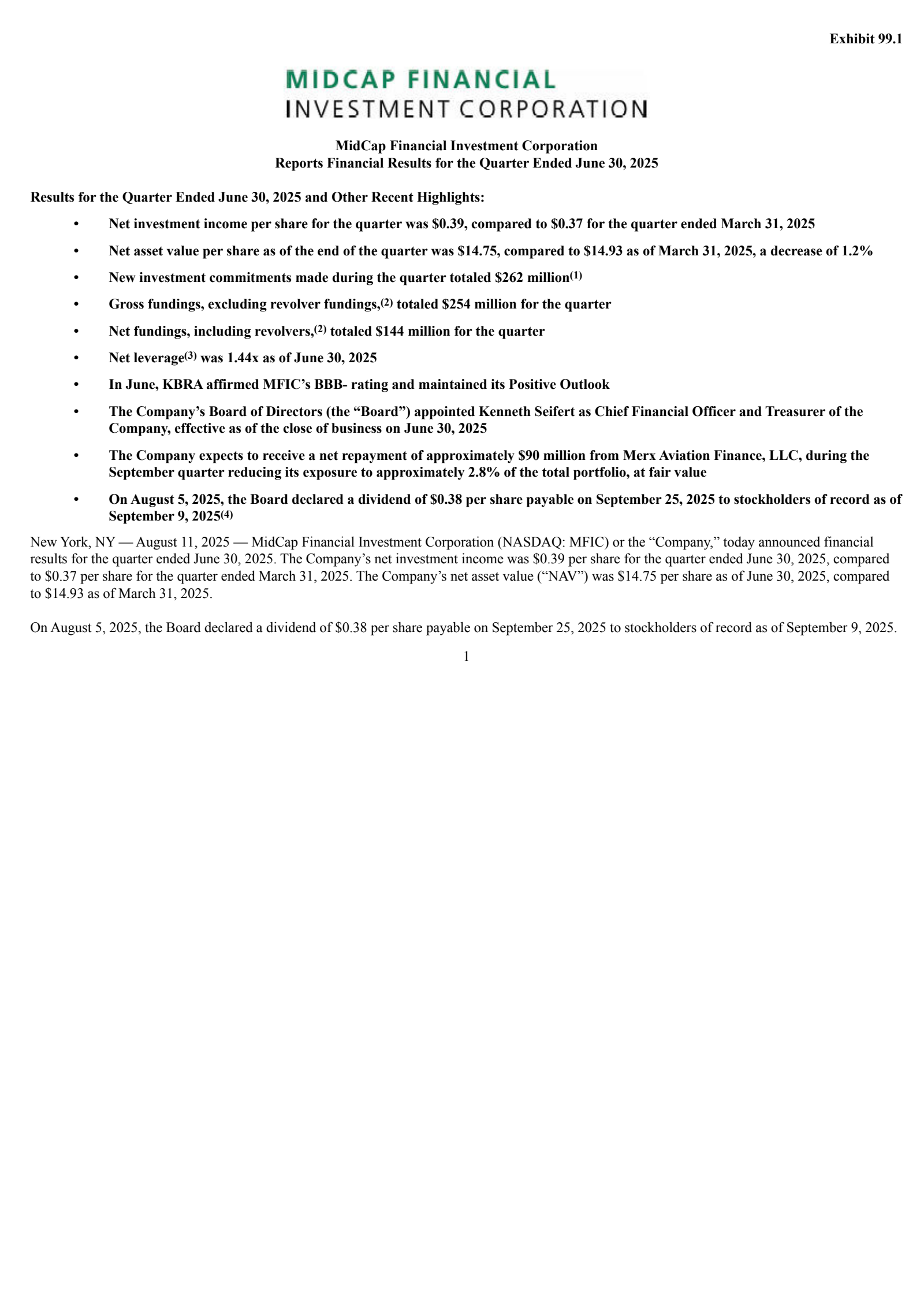 MidCap Financial Investment's Q2 2025 Press Release