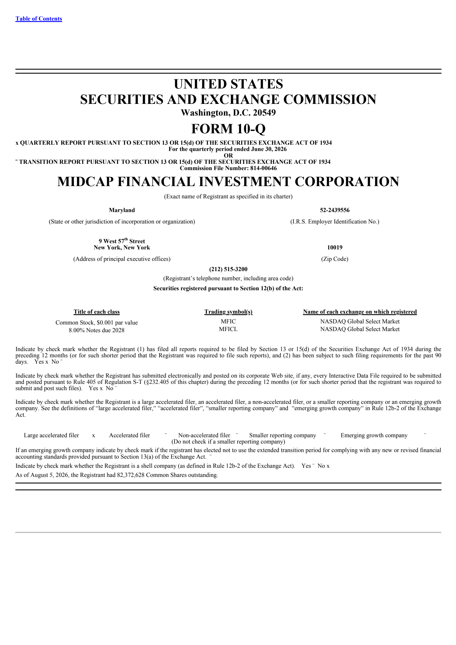 MidCap Financial Investment's Q2 2026 Quarterly report