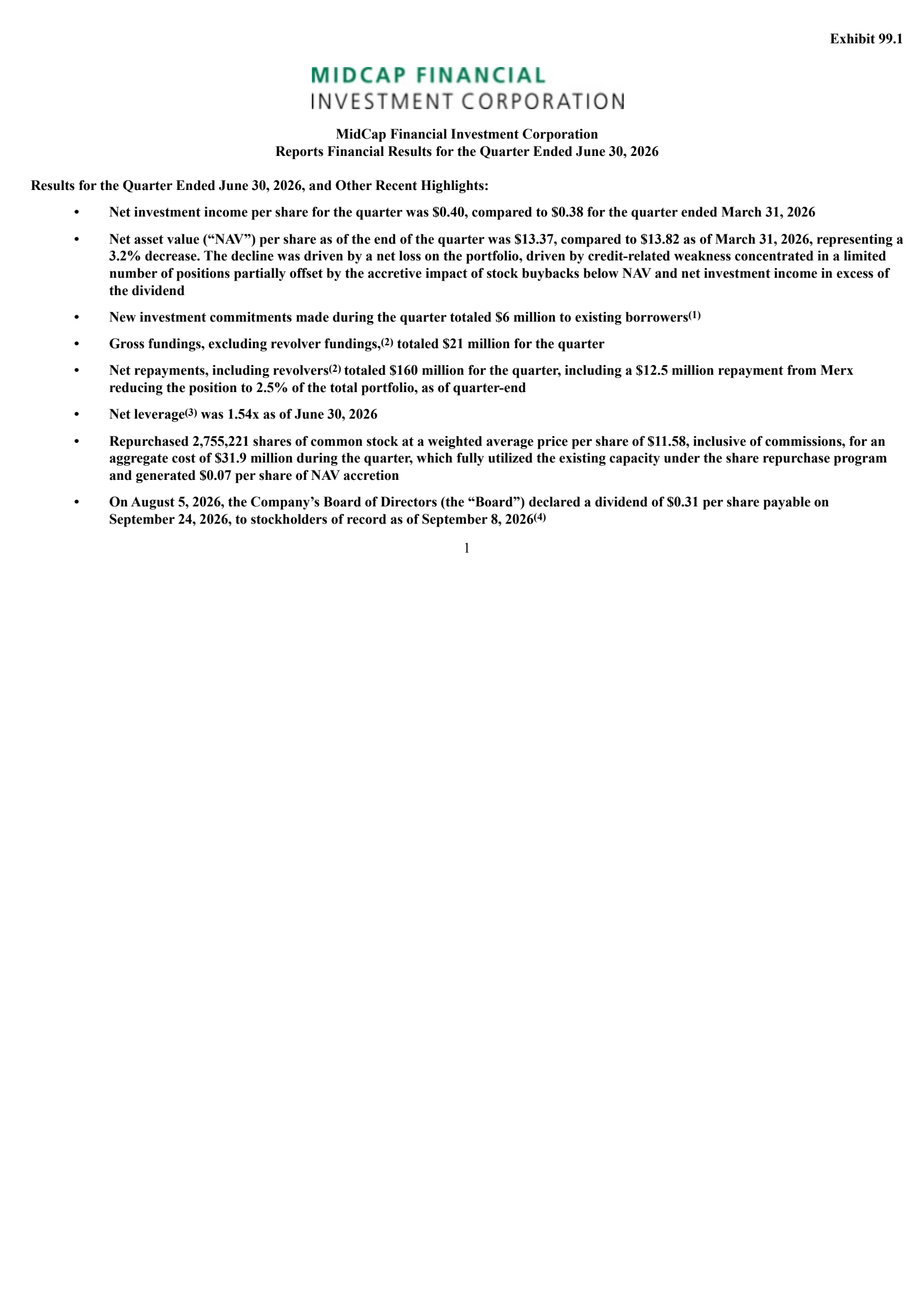 MidCap Financial Investment's Q2 2026 Press Release