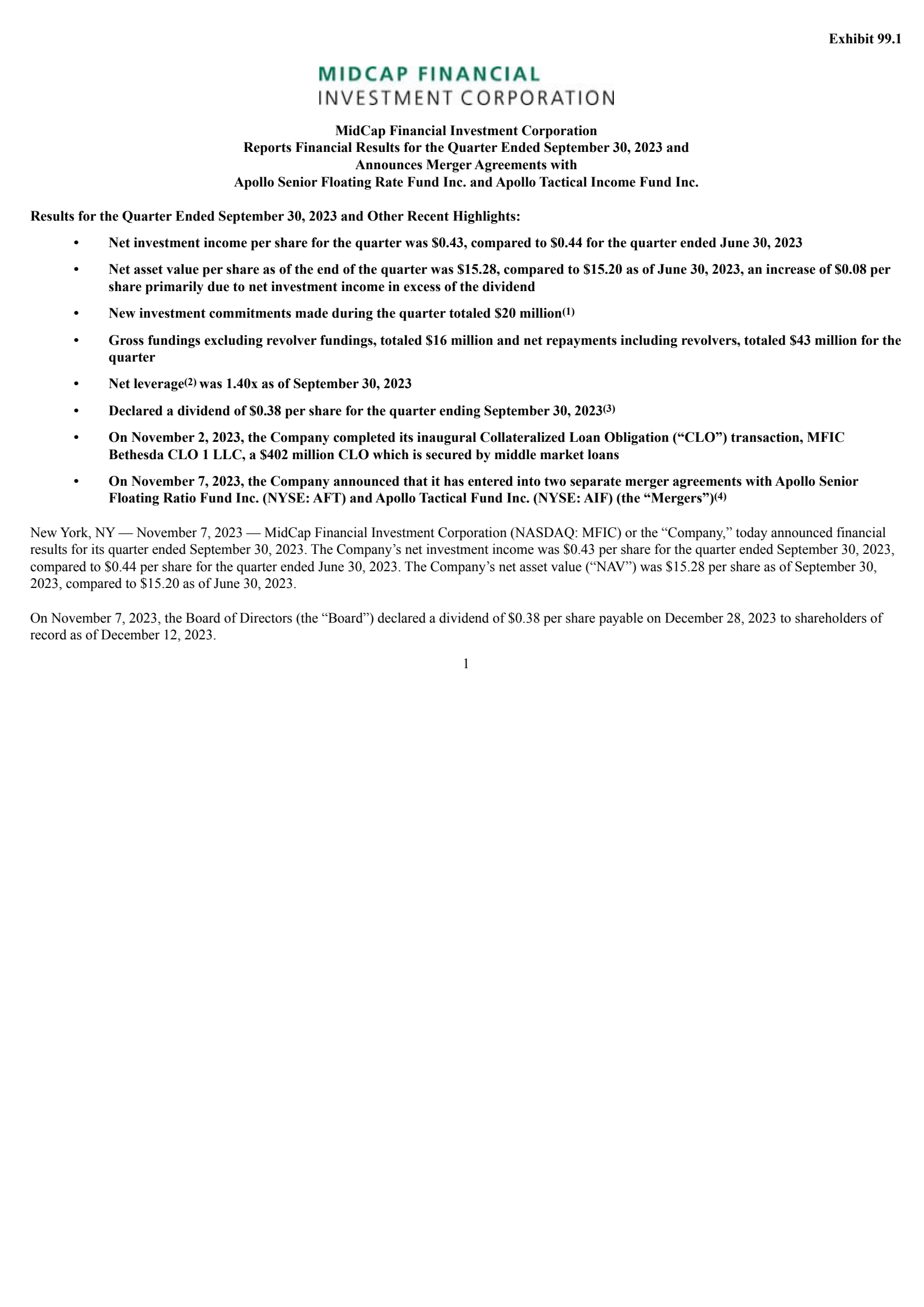 MidCap Financial Investment's Q3 2023 Press Release