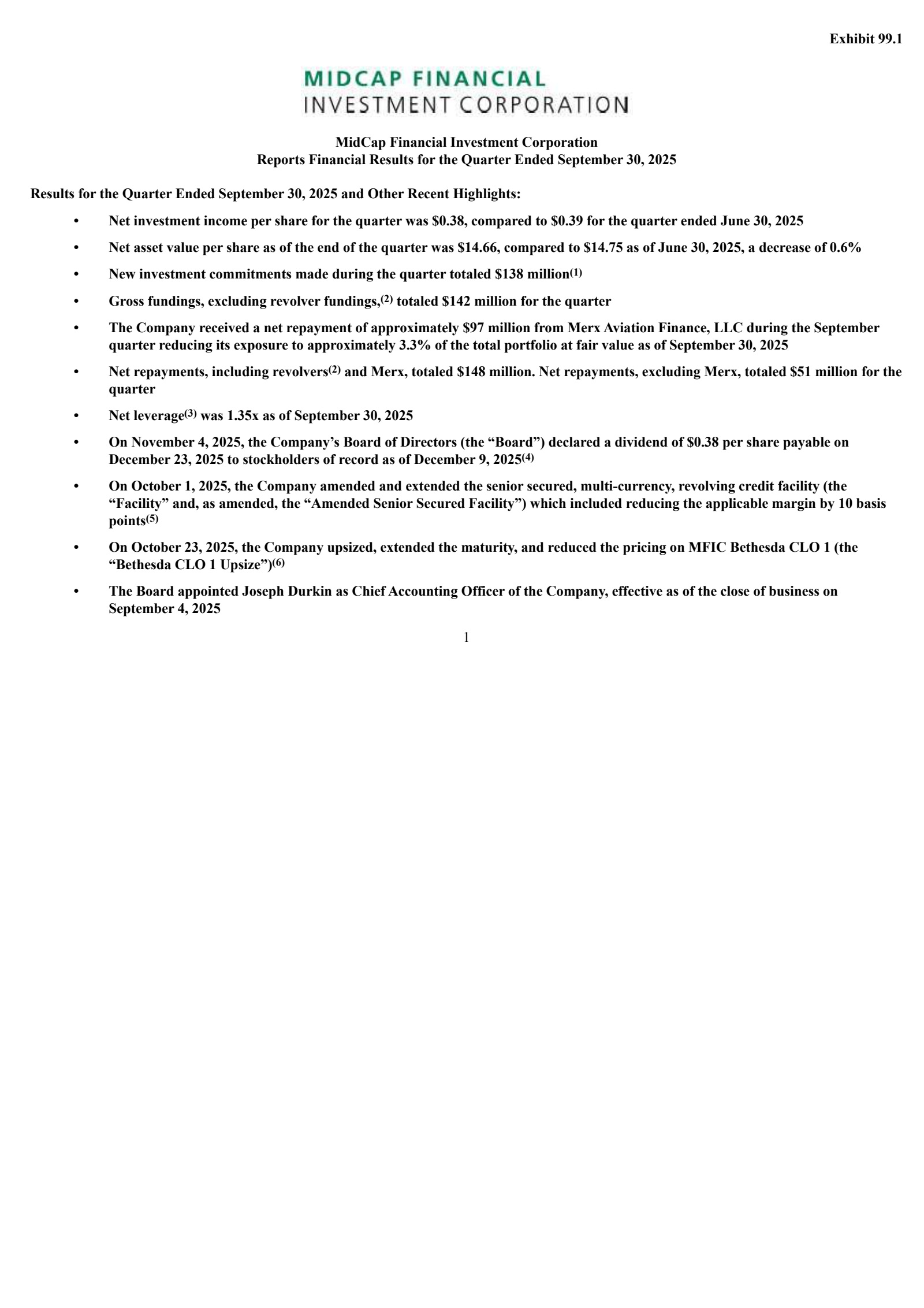 MidCap Financial Investment's Q3 2025 Earnings Release