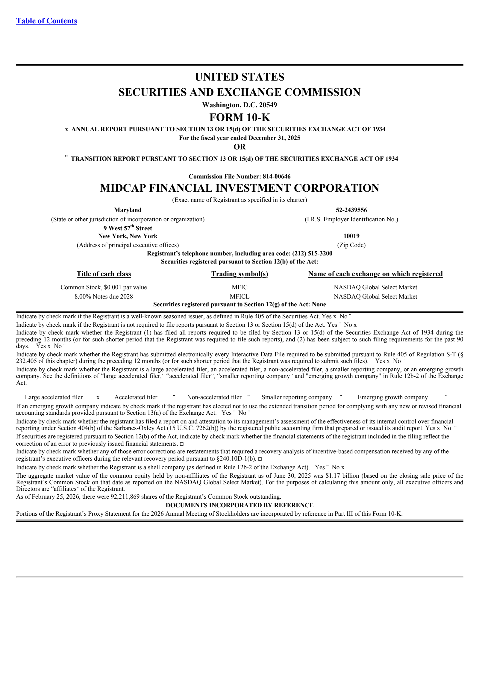 MidCap Financial Investment's Q4 2025 Annual report